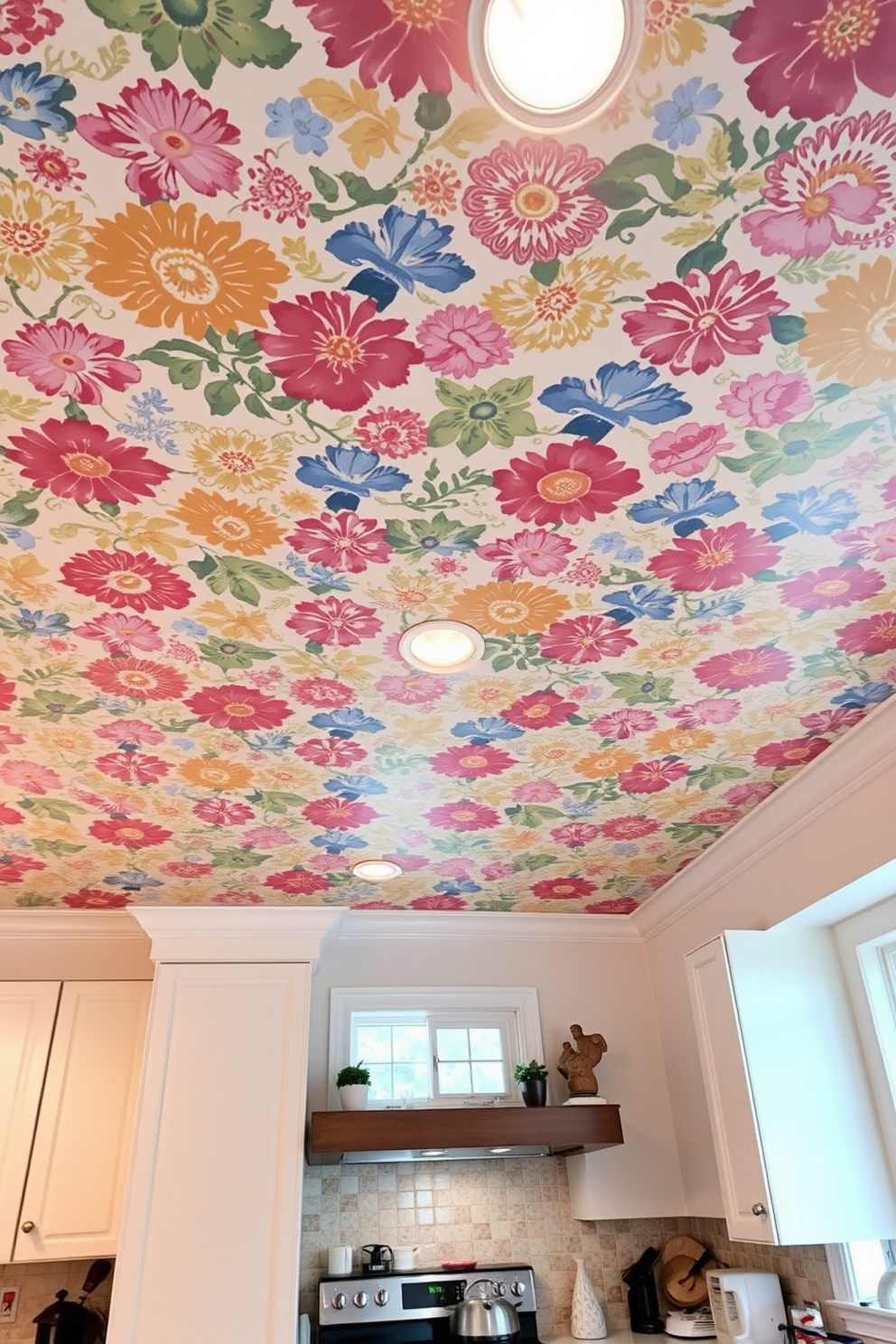 Colorful wallpaper adorns the ceiling, creating a vibrant and playful atmosphere in the kitchen. The walls are painted in a soft white, allowing the ceiling's colors to stand out beautifully.