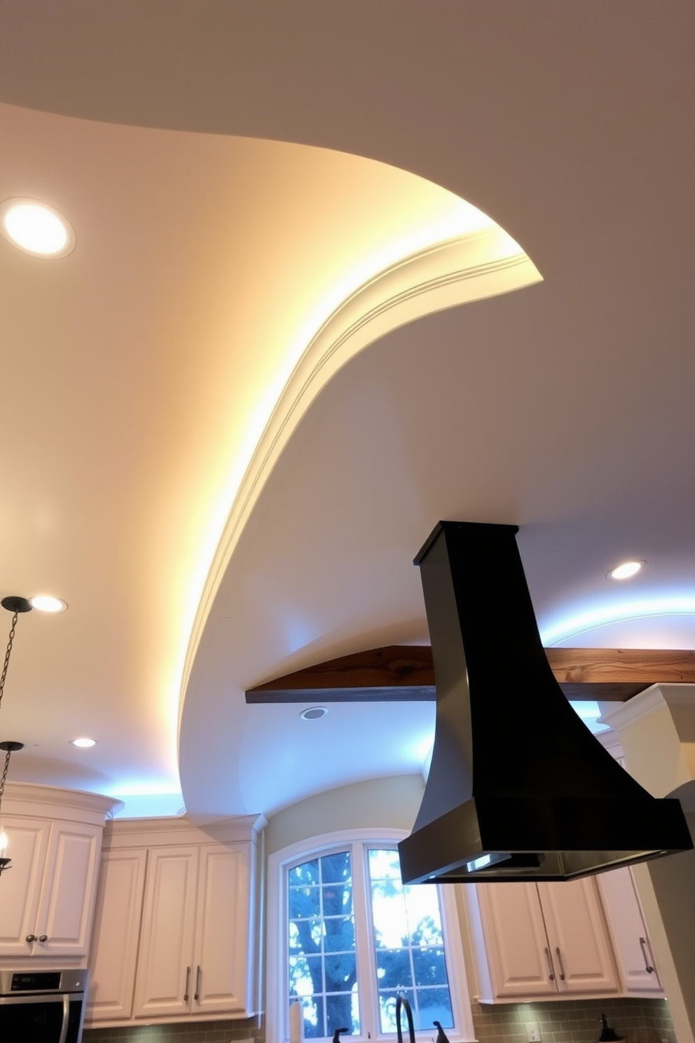 A stunning kitchen ceiling features a gracefully curved design that adds a unique architectural element to the space. Soft, ambient lighting is integrated along the curves, creating a warm and inviting atmosphere. The ceiling is painted in a light, airy color that complements the overall kitchen palette. Decorative wooden beams run parallel to the curves, enhancing the visual interest and providing a rustic touch.