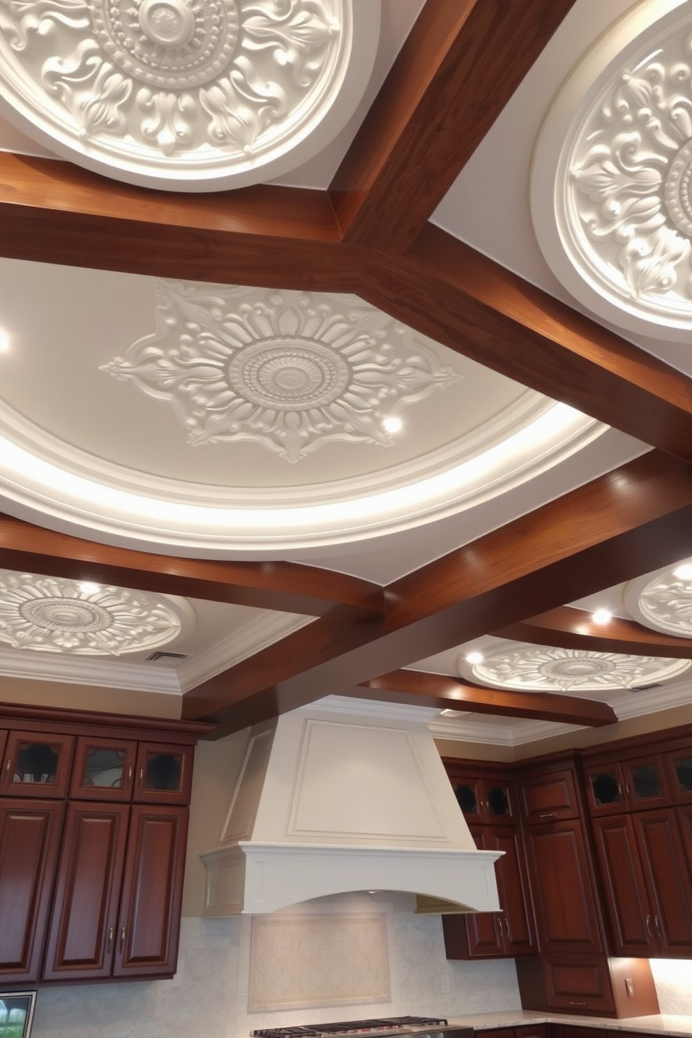 A stunning kitchen ceiling featuring intricate decorative ceiling medallions that add elegance and sophistication. The medallions are painted in a soft white finish, contrasting beautifully with the warm wood tones of the exposed beams. The ceiling design incorporates recessed lighting that highlights the medallions, creating a focal point in the room. Rich cabinetry and a sleek marble countertop complement the ornate details of the ceiling, enhancing the overall aesthetic of the kitchen.