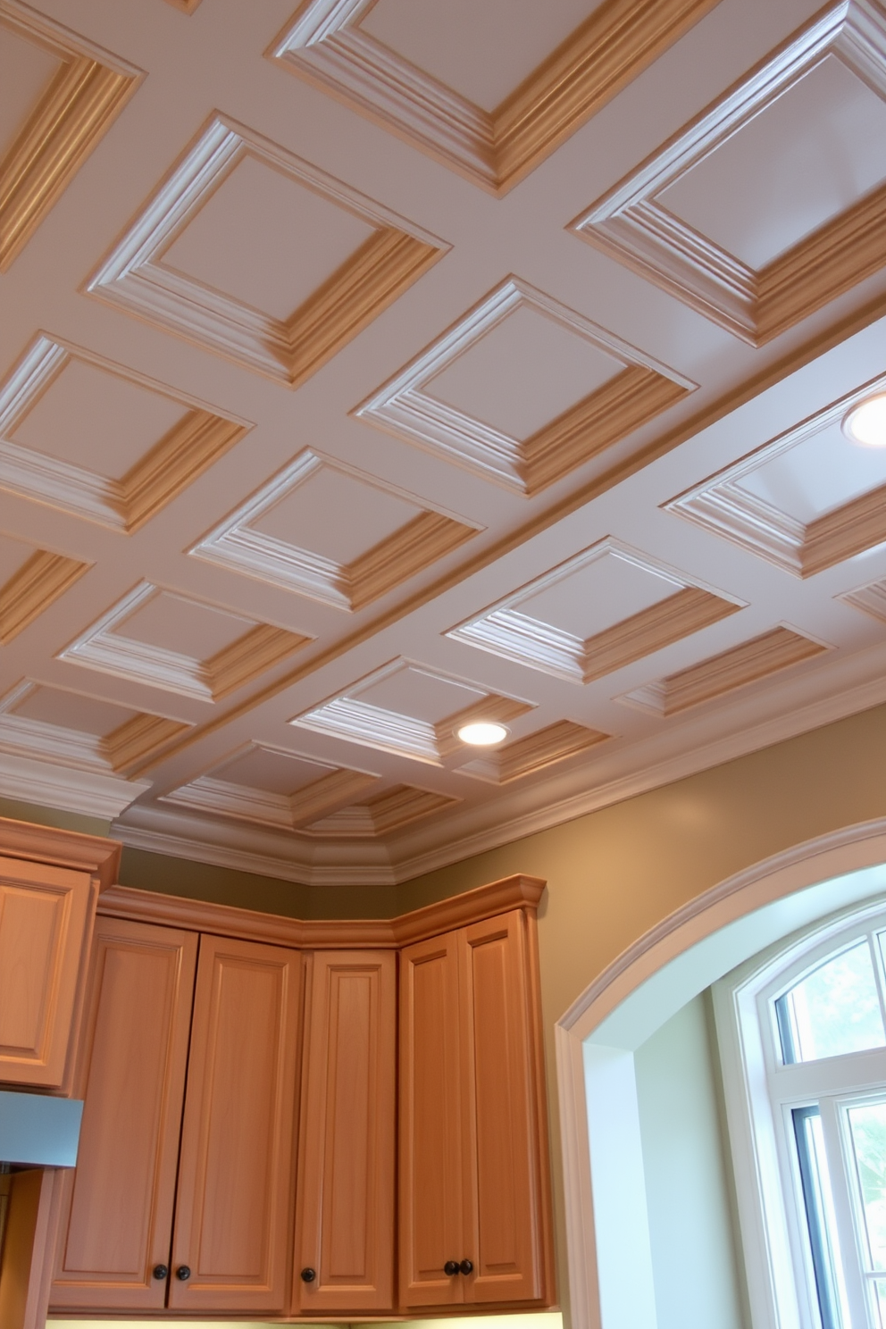 A spacious kitchen featuring multiple skylights that flood the room with natural light creating an airy atmosphere. The ceiling is designed with elegant wooden beams that add warmth and character to the space. The skylights are strategically placed to maximize sunlight while providing stunning views of the sky above. The overall design combines functionality and aesthetics, making the kitchen a welcoming hub for family and friends.