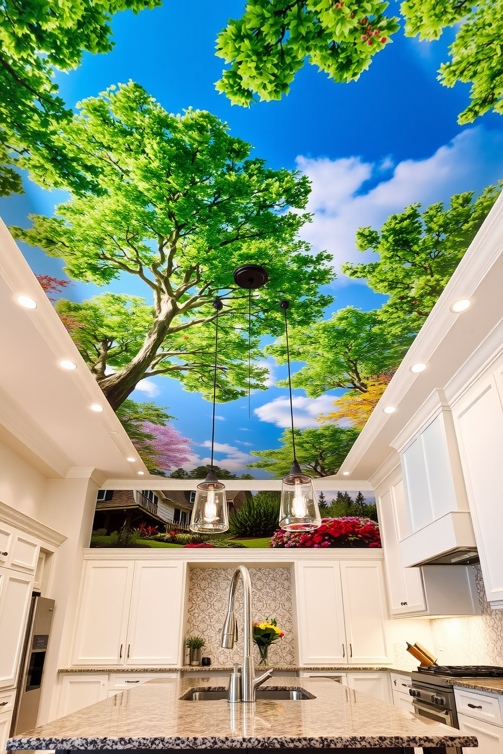 A ceiling mural depicting vibrant nature scenes fills the kitchen with a sense of tranquility and connection to the outdoors. The mural features lush green trees, colorful flowers, and a bright blue sky, creating an inviting atmosphere. The kitchen design incorporates soft white cabinetry and a large island topped with polished granite. Pendant lights hang elegantly above the island, enhancing the beauty of the mural and illuminating the space with warm light.