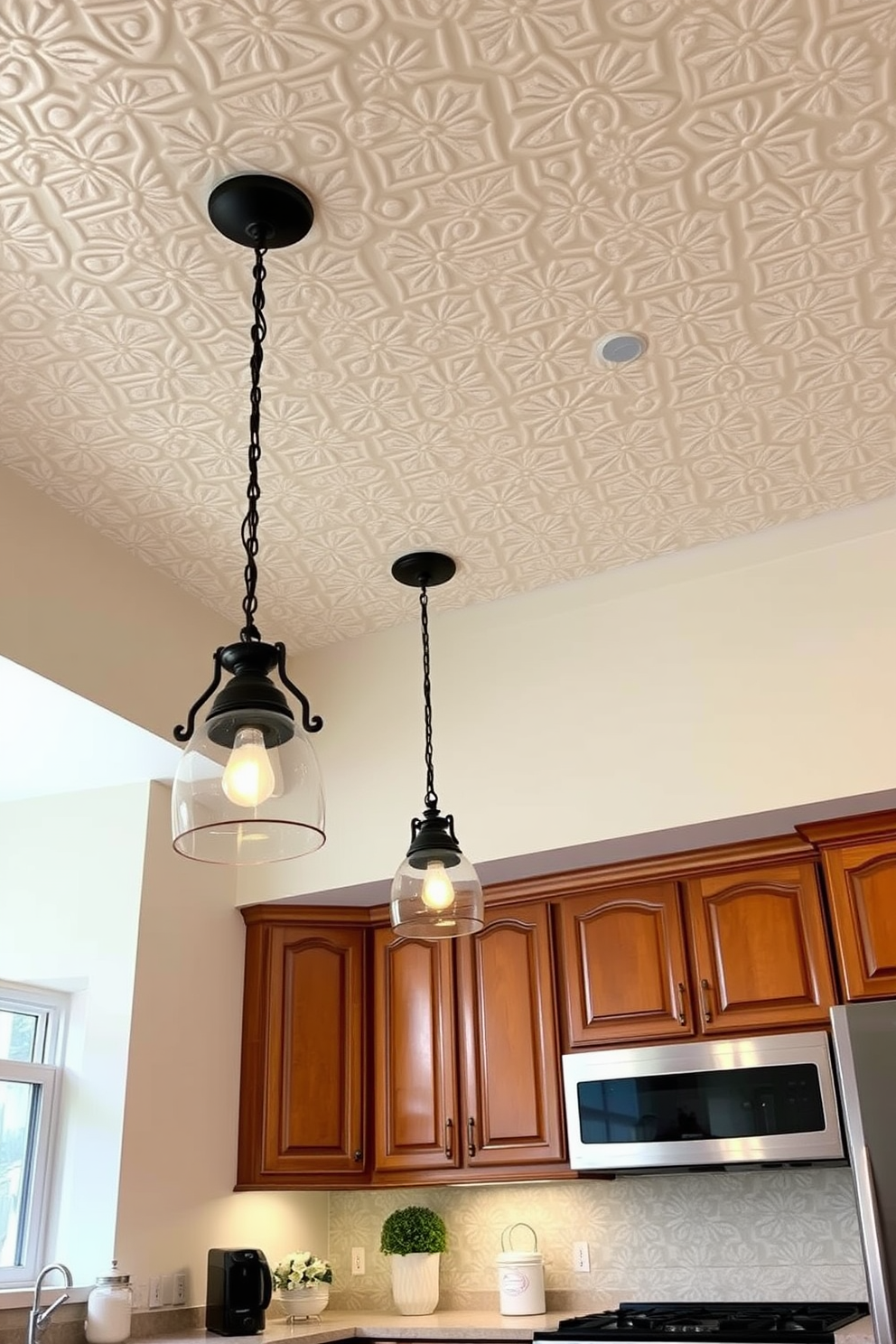 A cozy kitchen featuring a faux tin ceiling that adds a touch of elegance without breaking the bank. The ceiling is painted in a soft cream color, complementing the warm wood cabinetry and providing a charming backdrop for the space. The kitchen is illuminated by vintage-style pendant lights that hang from the ceiling, creating a welcoming atmosphere. The countertops are adorned with a subtle patterned backsplash that ties the design together beautifully.