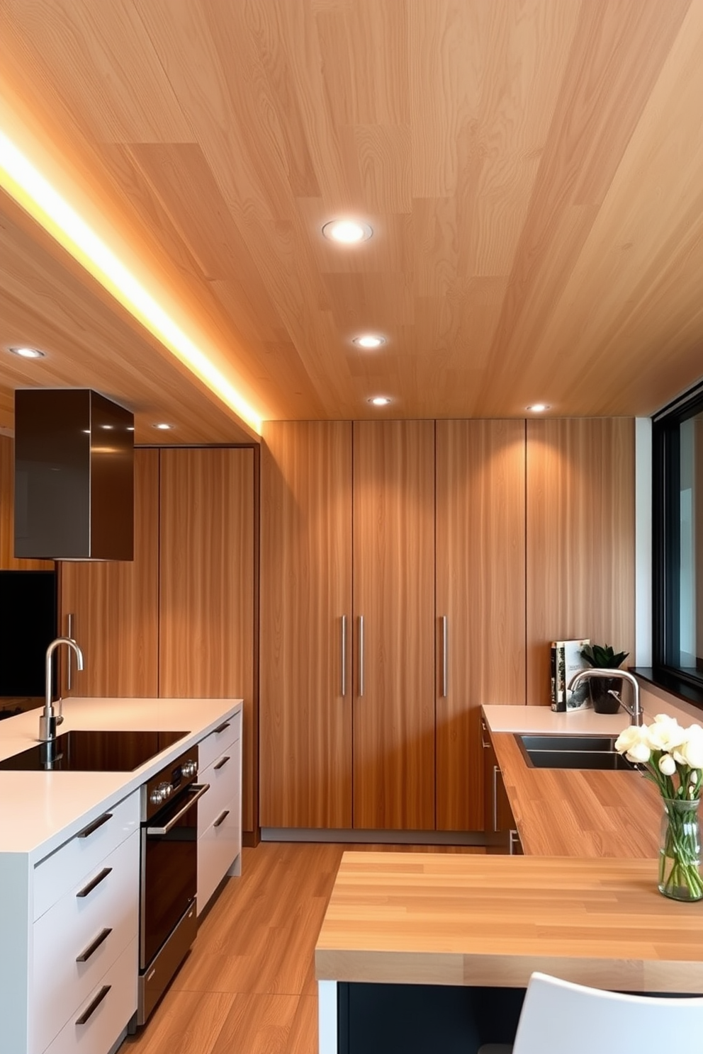 A sleek plywood ceiling enhances the modern minimalism of the kitchen, creating a warm and inviting atmosphere. The natural wood grain contrasts beautifully with the clean lines of contemporary cabinetry and appliances. Soft, recessed lighting is integrated into the plywood ceiling, providing a gentle glow that highlights the kitchen's design elements. This design choice not only adds functionality but also elevates the overall aesthetic of the space.