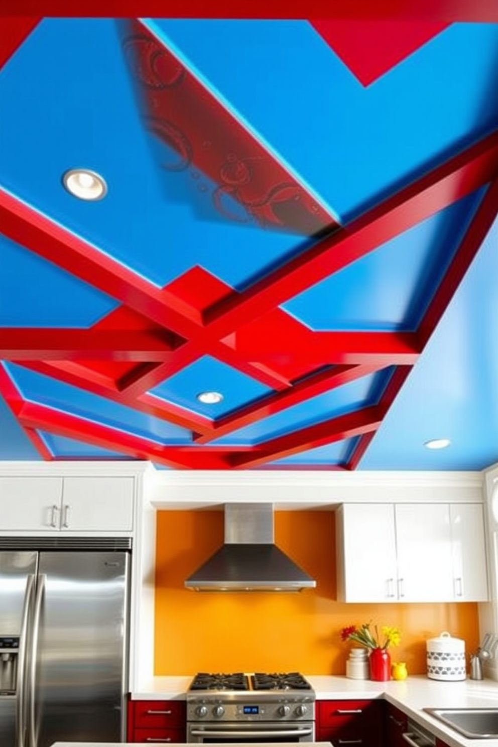 A vibrant kitchen ceiling painted in bold colors creates a striking focal point in the space. The ceiling features geometric patterns that draw the eye upward, enhancing the overall design of the kitchen. Bright hues such as deep blue and fiery red are combined for a dynamic effect. This bold choice complements the modern cabinetry and stainless steel appliances, adding personality to the kitchen.