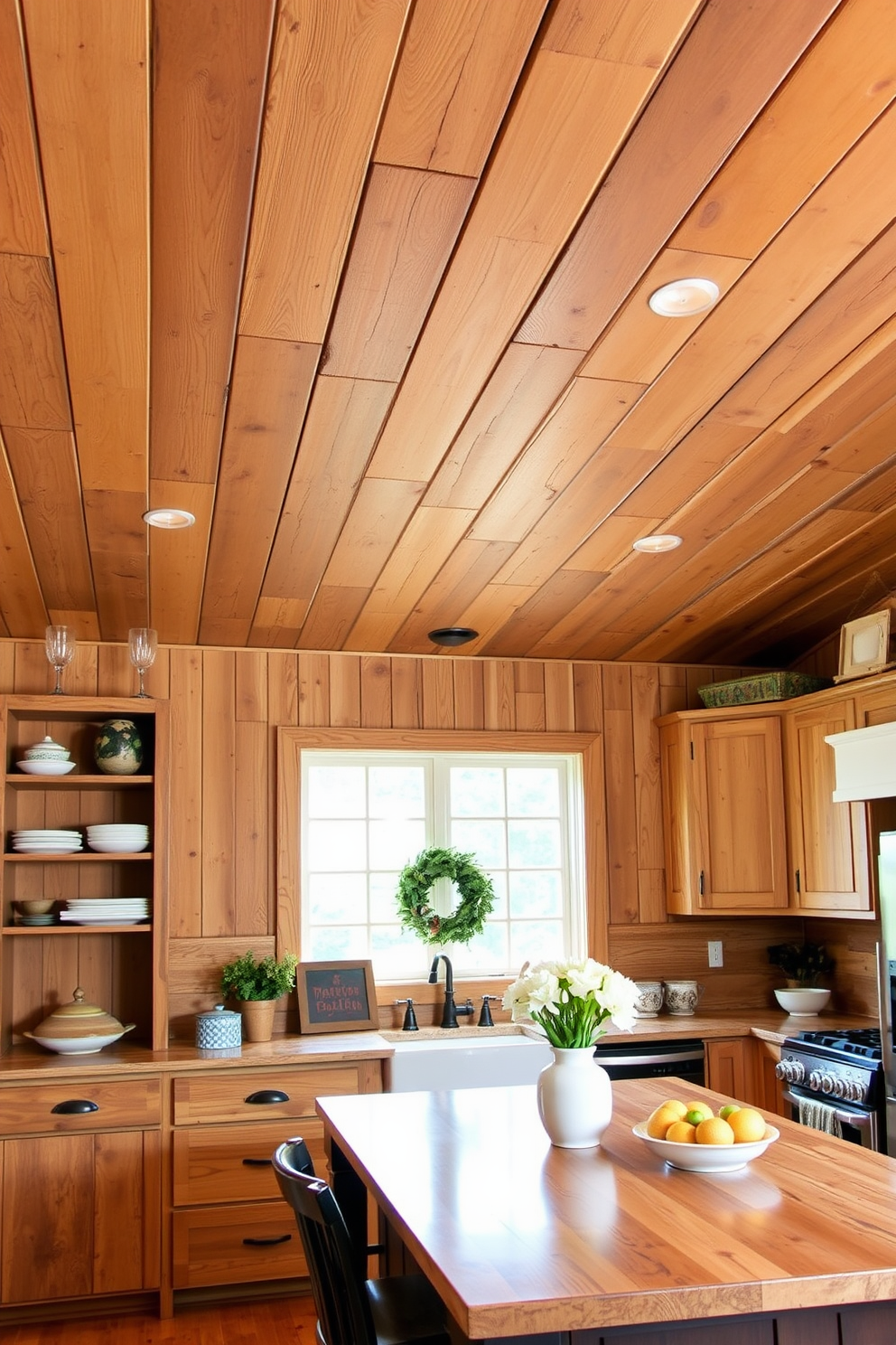 A rustic barn wood ceiling creates a warm and inviting atmosphere in a farmhouse kitchen. The natural textures and rich tones of the wood complement the surrounding cabinetry and decor, enhancing the overall charm of the space.