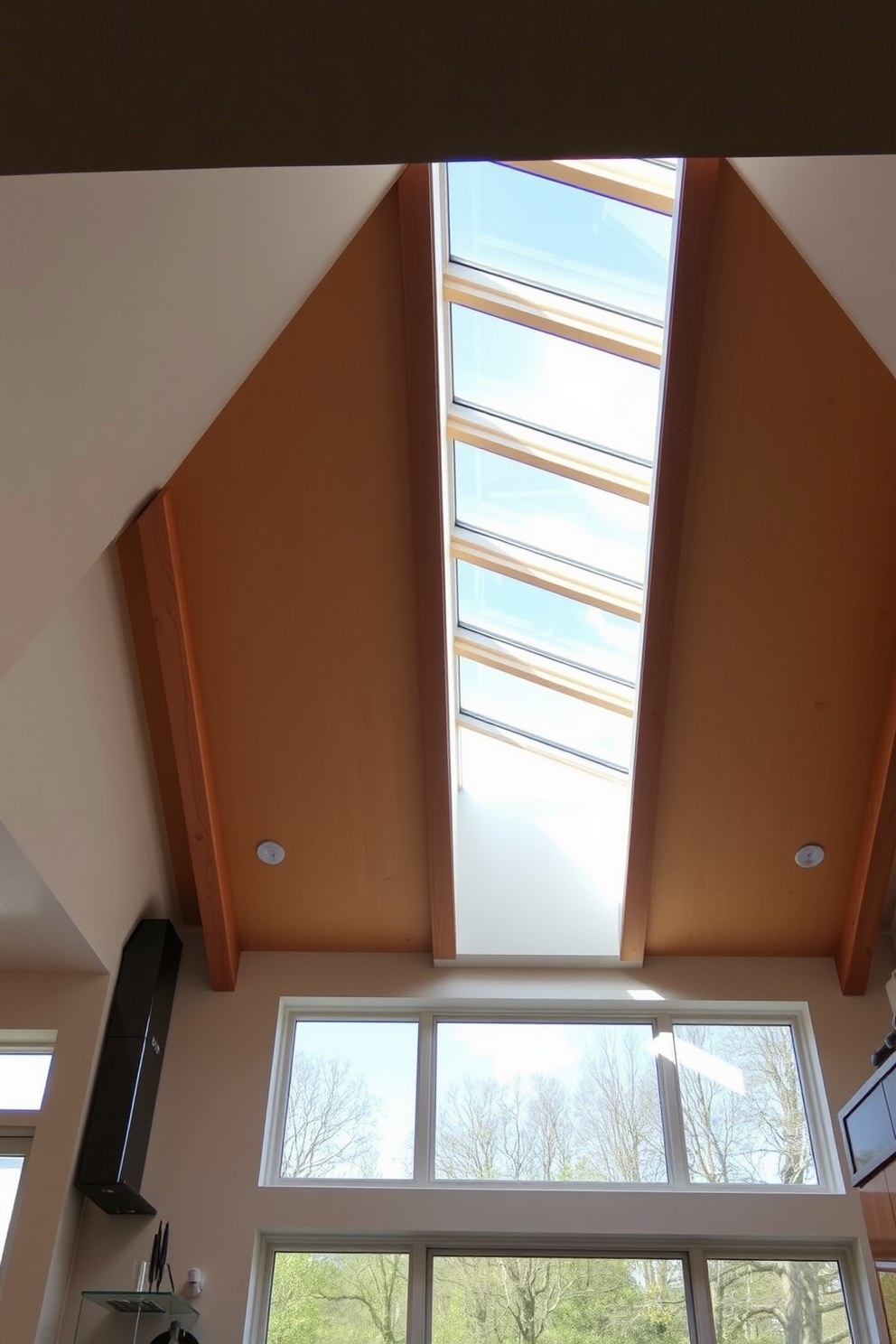 A modern kitchen featuring large skylights that flood the space with natural light. The ceiling is designed with wooden beams that add warmth and character to the overall aesthetic. The skylights are strategically placed above the cooking area and dining space, creating an inviting atmosphere. The ceiling incorporates recessed lighting that complements the natural light during evening hours.