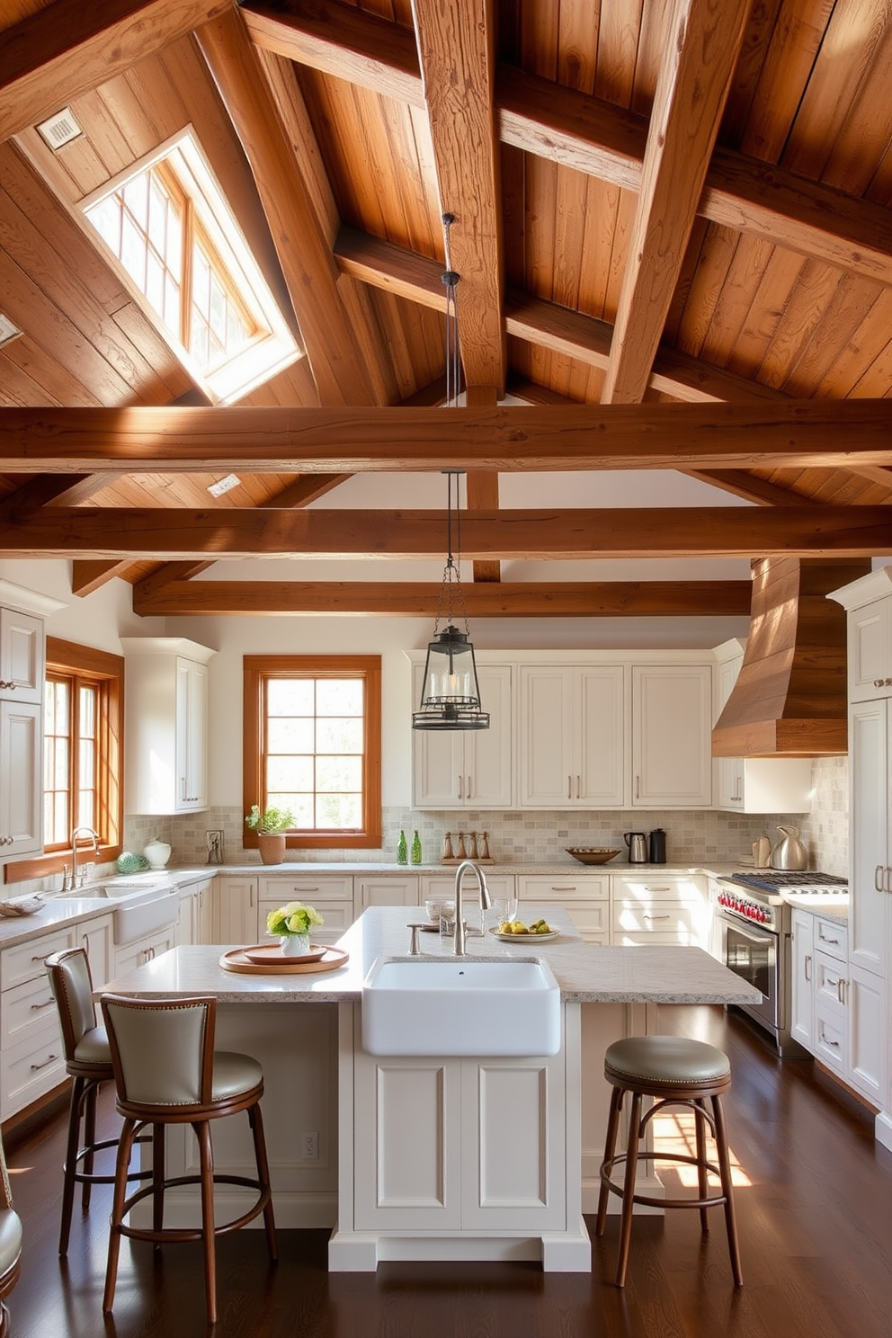 A warm and inviting kitchen with a beamed ceiling that adds rustic charm. The beams are made of reclaimed wood, beautifully contrasting with the light-colored walls and cabinetry. Natural light pours in through large windows, illuminating the spacious cooking area. The kitchen island features a farmhouse sink and is surrounded by comfortable bar stools, creating a perfect gathering spot.