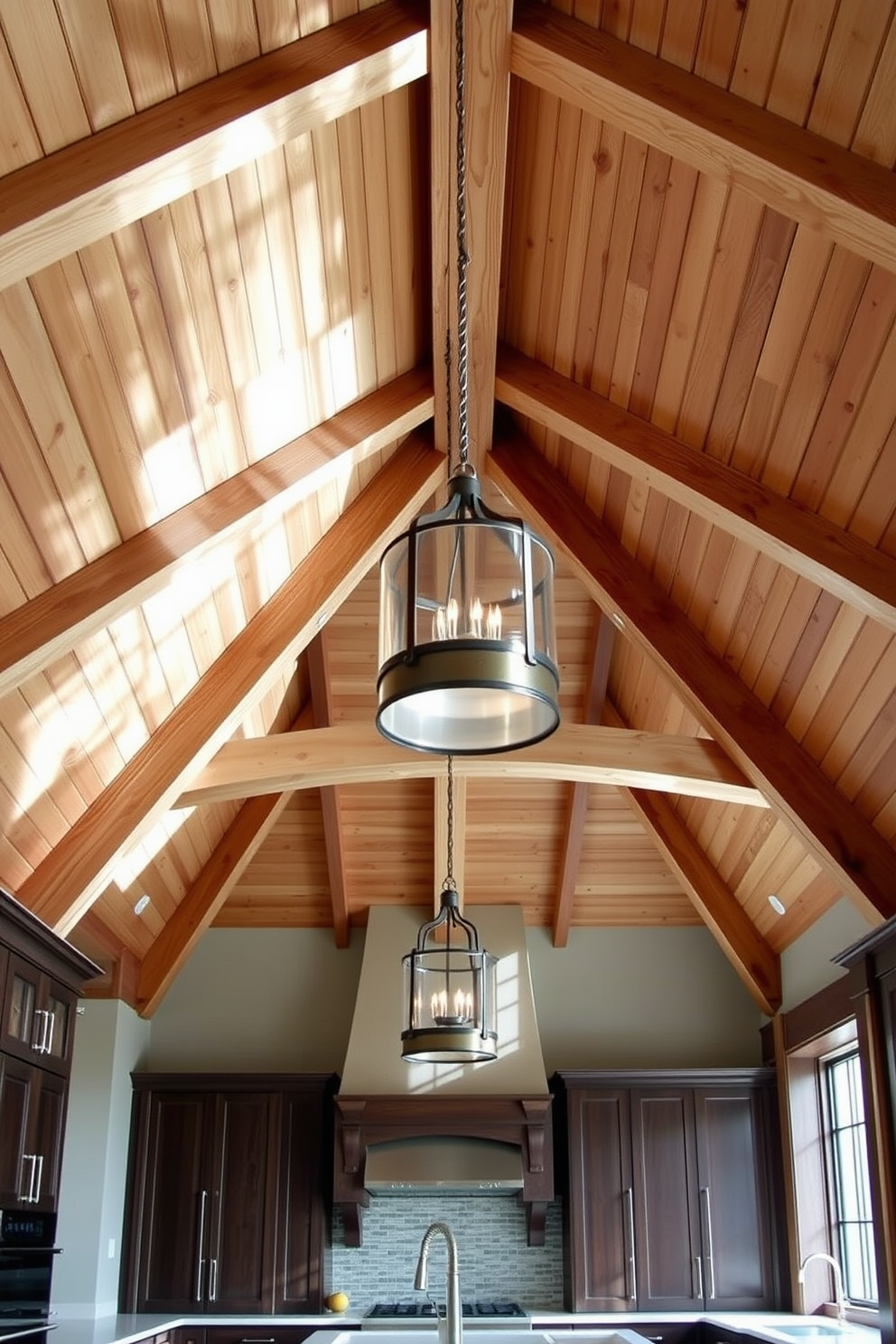 A stunning kitchen featuring a vaulted ceiling adorned with exposed wooden rafters. The space is illuminated by elegant pendant lights that hang gracefully from the peak of the ceiling.