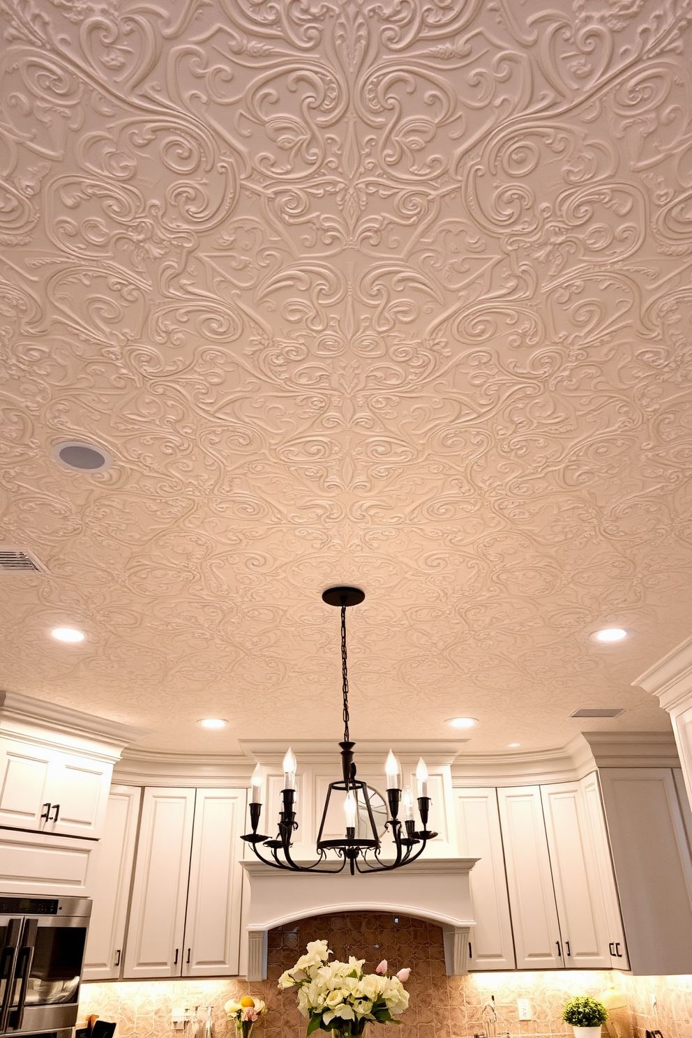 A textured ceiling with intricate plaster details creates a stunning focal point in the kitchen. The soft, diffused lighting enhances the elegance of the design while complementing the overall aesthetic of the space.