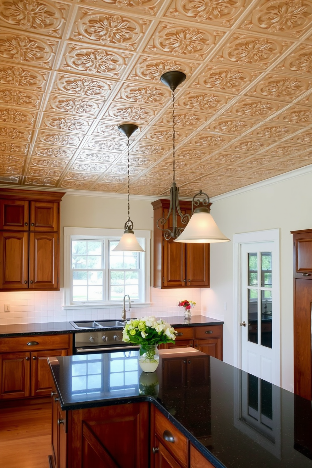 A stunning kitchen ceiling featuring textured plaster that adds depth and character to the space. The design incorporates subtle lighting fixtures that enhance the texture and create a warm ambiance.