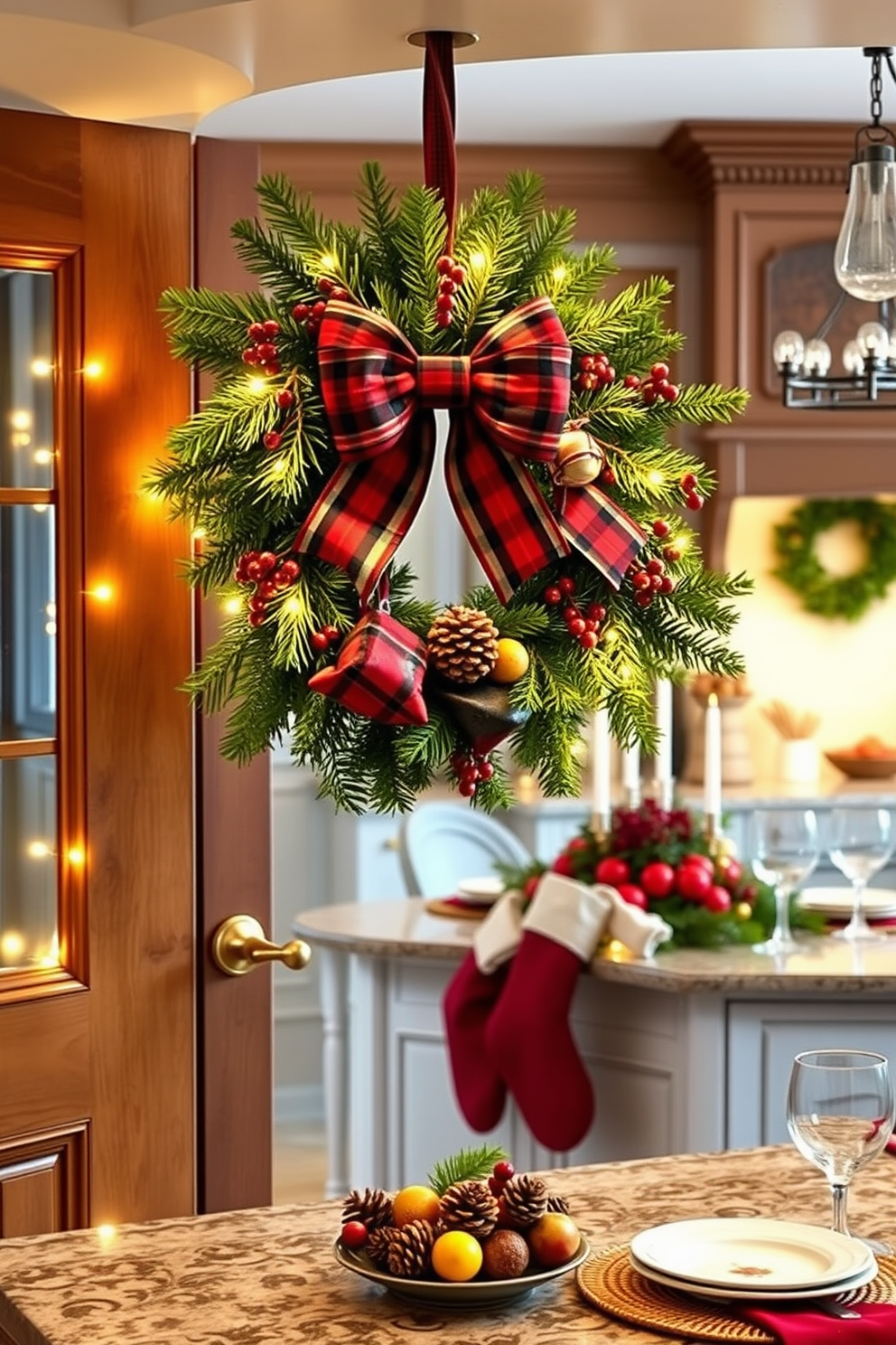 A festive wreath adorned with red berries and pinecones hangs on the kitchen door. The warm glow of string lights surrounds the entrance, creating a welcoming holiday atmosphere. Inside the kitchen, a beautifully decorated Christmas tree stands in the corner, adorned with silver and gold ornaments. Festive garlands drape across the countertops, complemented by candle arrangements that add a cozy touch to the space.