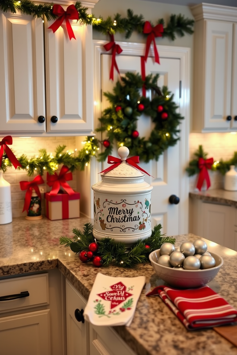 A charming kitchen adorned for the holidays. A festive Christmas cookie jar sits prominently on the countertop, surrounded by twinkling fairy lights and garlands of evergreen. The cabinets are decorated with red and green ribbons, and a wreath hangs on the door. The countertops are topped with a cozy arrangement of holiday-themed dish towels and a small bowl of ornaments.