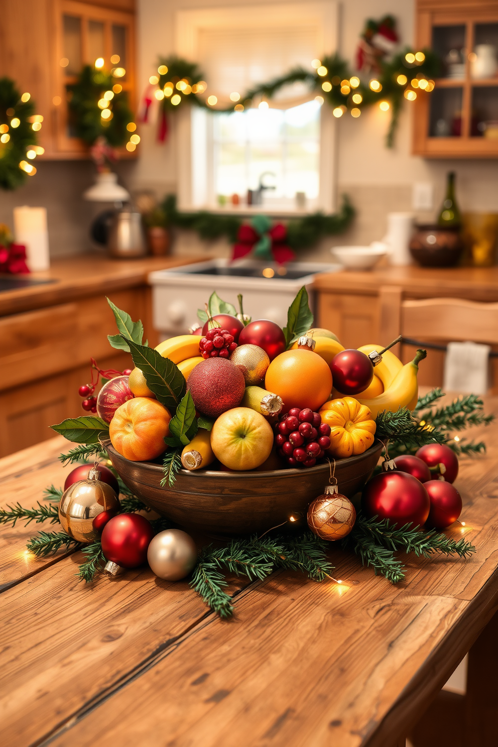 A festive kitchen island adorned with a vibrant red and green table runner. The table runner is beautifully draped across the island, complemented by decorative holiday ornaments and a centerpiece of fresh pine branches.