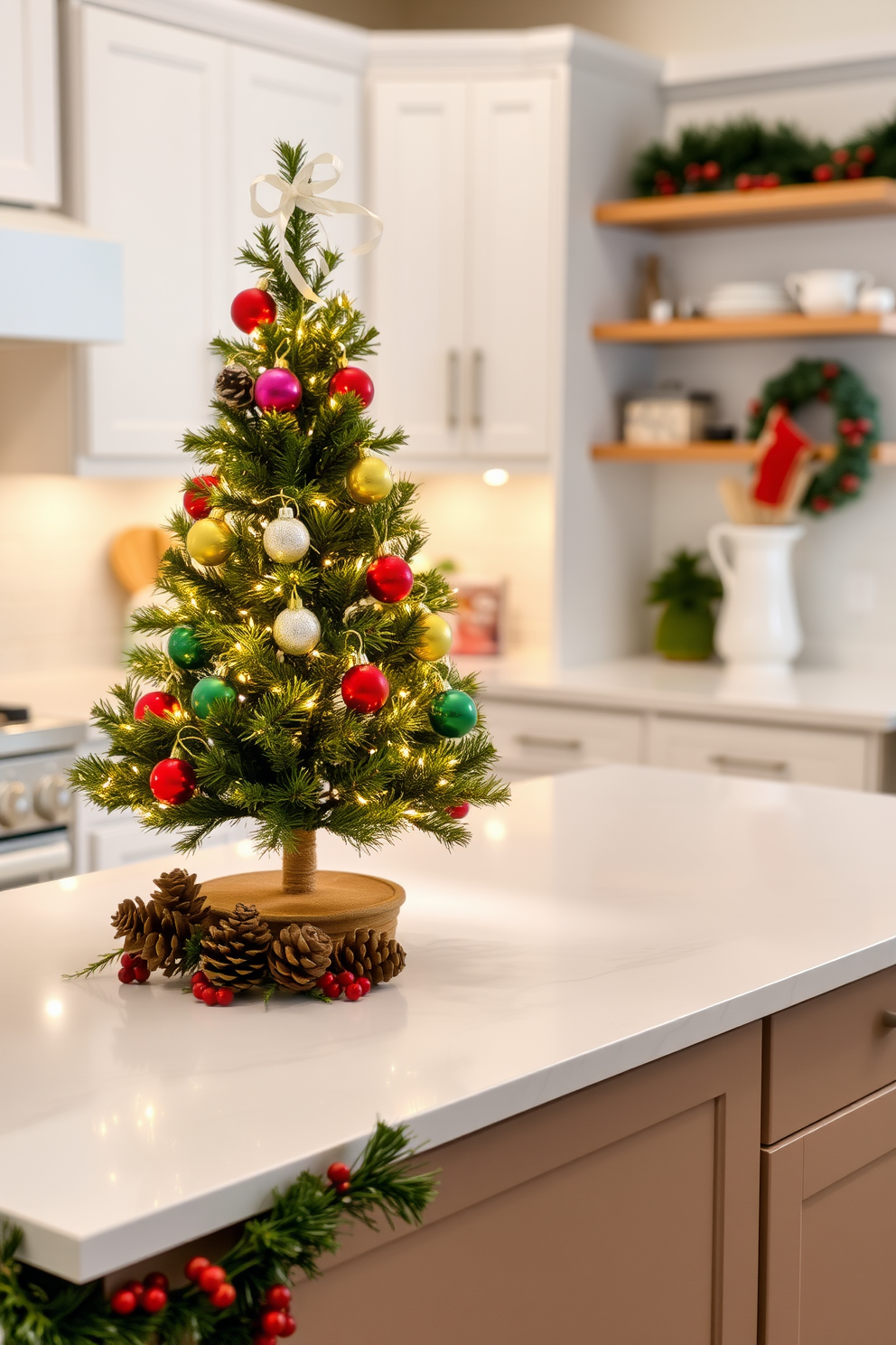 A cozy kitchen adorned for the holidays. Shelves display ornament-filled glass jars in various sizes, adding a festive touch to the space.