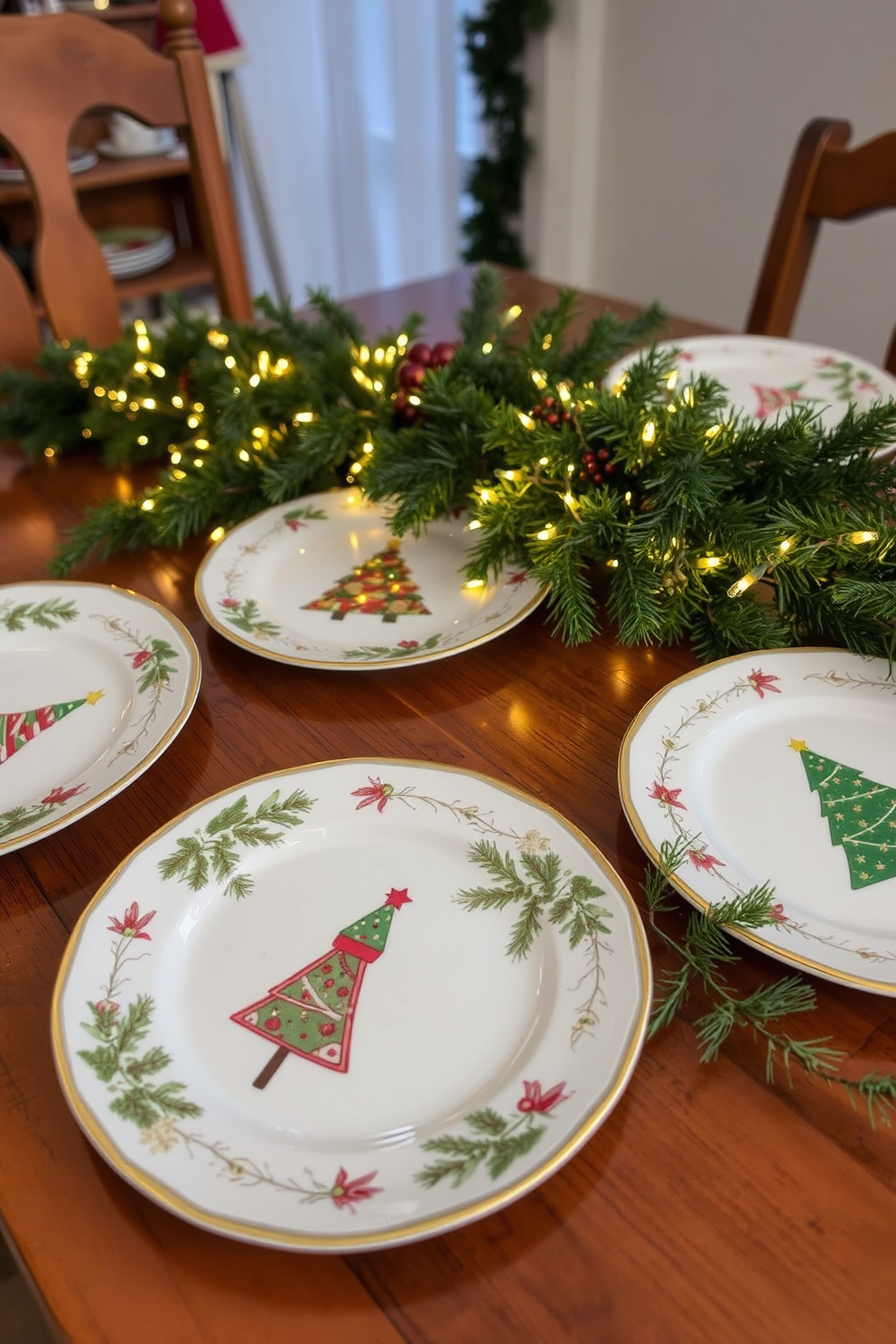 Decorative plates adorned with festive holiday designs are artfully arranged on a wooden dining table. Twinkling fairy lights and evergreen garlands complement the plates, creating a warm and inviting atmosphere for Christmas celebrations.