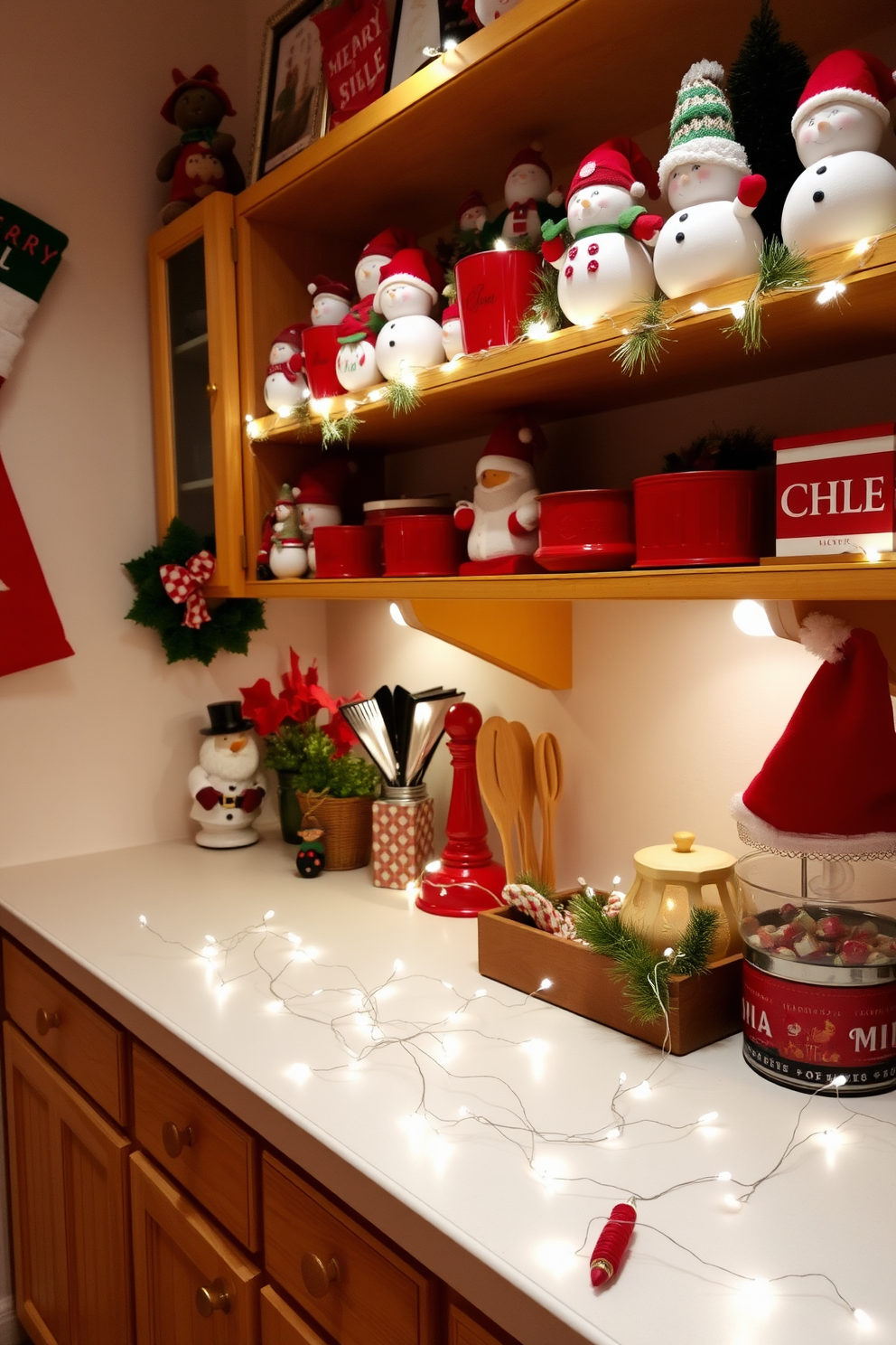 A cozy kitchen filled with festive spirit. Shelves adorned with cheerful snowman and Santa figurines create a whimsical holiday atmosphere. Bright red and green accents enhance the warmth of the space. Twinkling fairy lights drape across the countertops, illuminating the cheerful decorations.