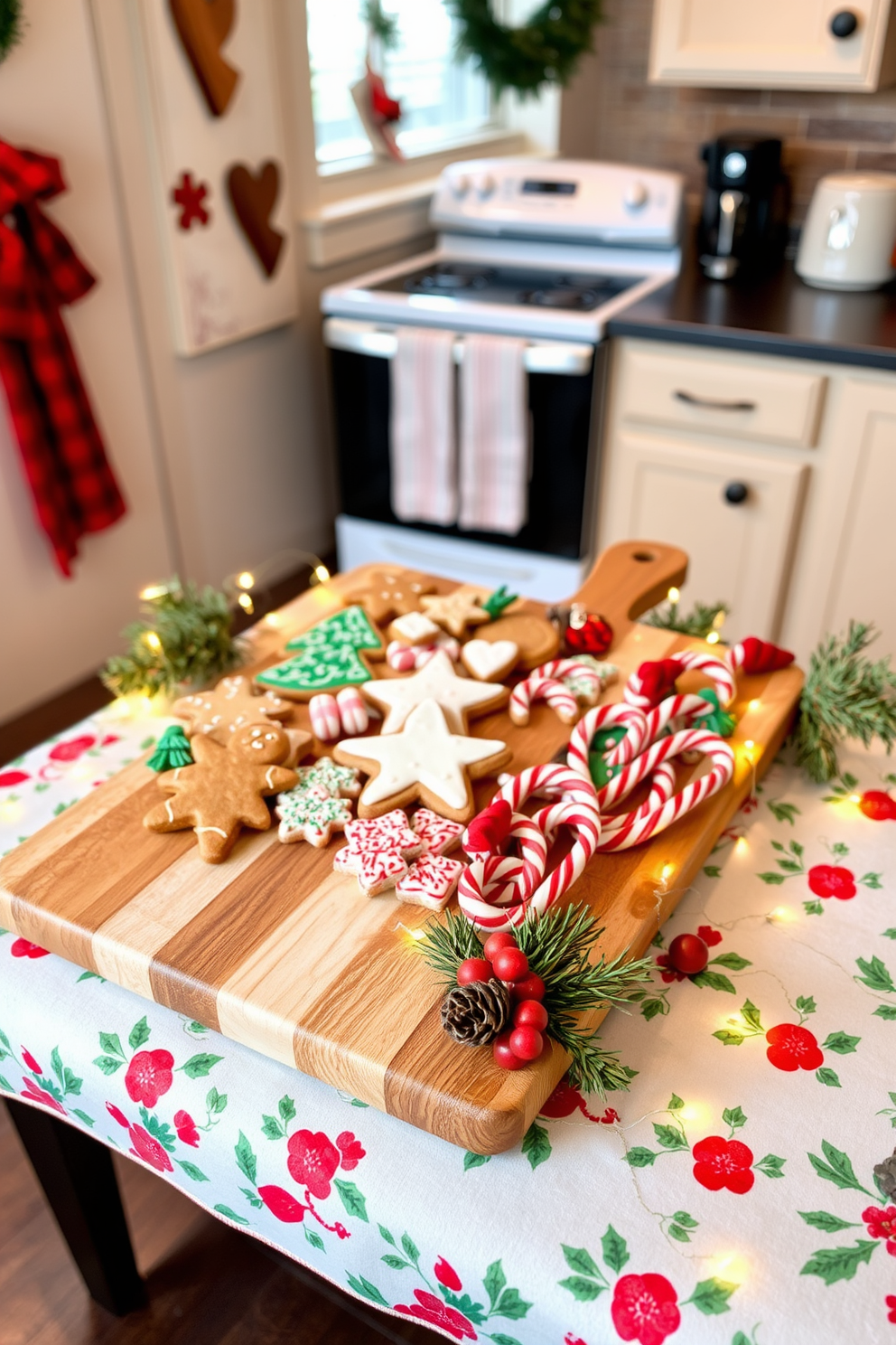 A festive kitchen scene featuring a beautifully arranged cutting board display. The cutting board is adorned with an assortment of holiday-themed treats, including gingerbread cookies and candy canes. Surrounding the cutting board are decorative elements such as pine branches and twinkling fairy lights. A cheerful holiday tablecloth adds a pop of color, completing the warm and inviting atmosphere.