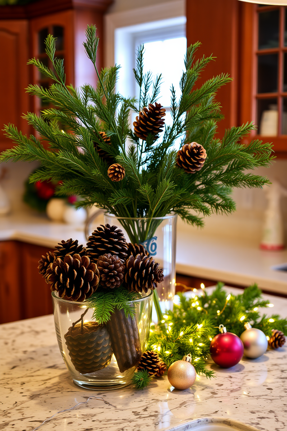 A festive kitchen adorned for the holidays features a charming holiday cookie jar as the centerpiece on the countertop. Surrounding the jar are twinkling fairy lights and sprigs of fresh pine, creating a warm and inviting atmosphere.