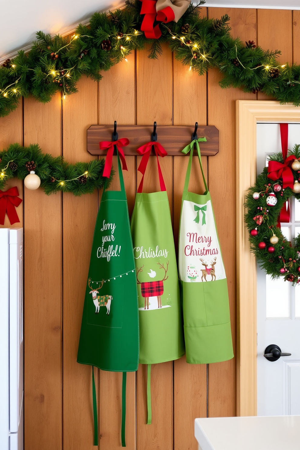 Holiday themed aprons hang cheerfully from hooks on a rustic wooden wall. The kitchen is adorned with festive decorations including garlands of pine, twinkling fairy lights, and a vibrant wreath on the door.