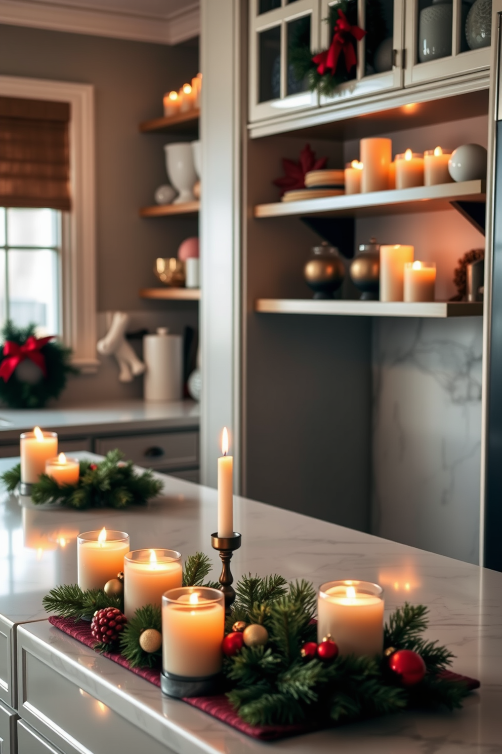 A cozy kitchen coffee station adorned with Christmas decorations. The countertop is topped with a festive red and green table runner, and a vintage coffee maker sits beside a stack of holiday-themed mugs. A small evergreen tree decorated with twinkling lights stands in the corner. Nearby, a tray holds an assortment of flavored syrups and candy canes for a seasonal touch.