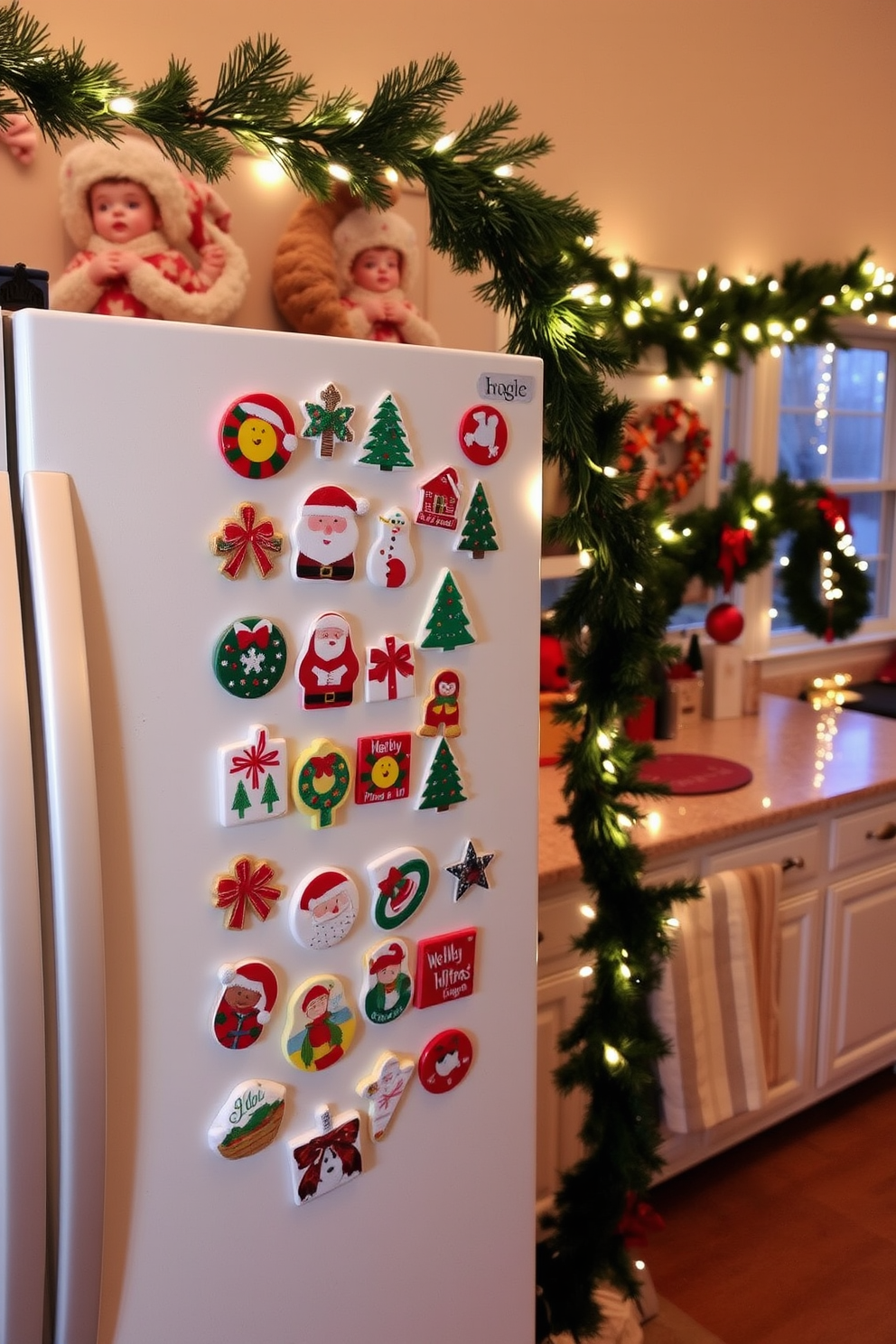 A charming kitchen adorned with festive holiday spirit. Decorative holiday mugs are neatly arranged on open shelves, showcasing a variety of cheerful designs and colors. The countertops are adorned with seasonal decorations, including a small evergreen centerpiece and twinkling fairy lights. Above the mugs, garlands of pine and berries add a touch of warmth and cheer to the kitchen decor.