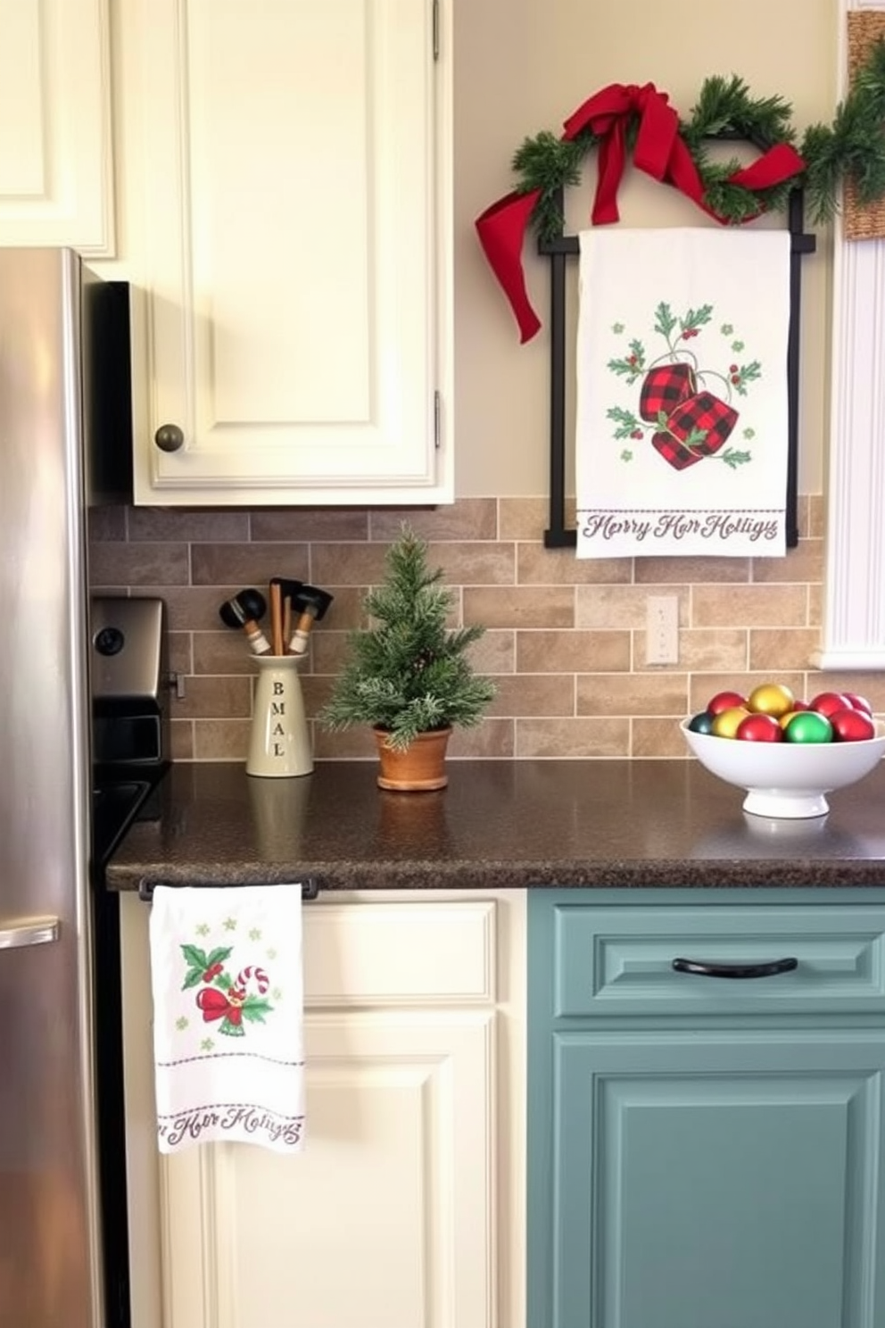 A cheerful kitchen scene adorned with colorful dish towels featuring festive holiday prints. The countertops are decorated with seasonal ornaments and a small Christmas tree adds a touch of warmth to the space.