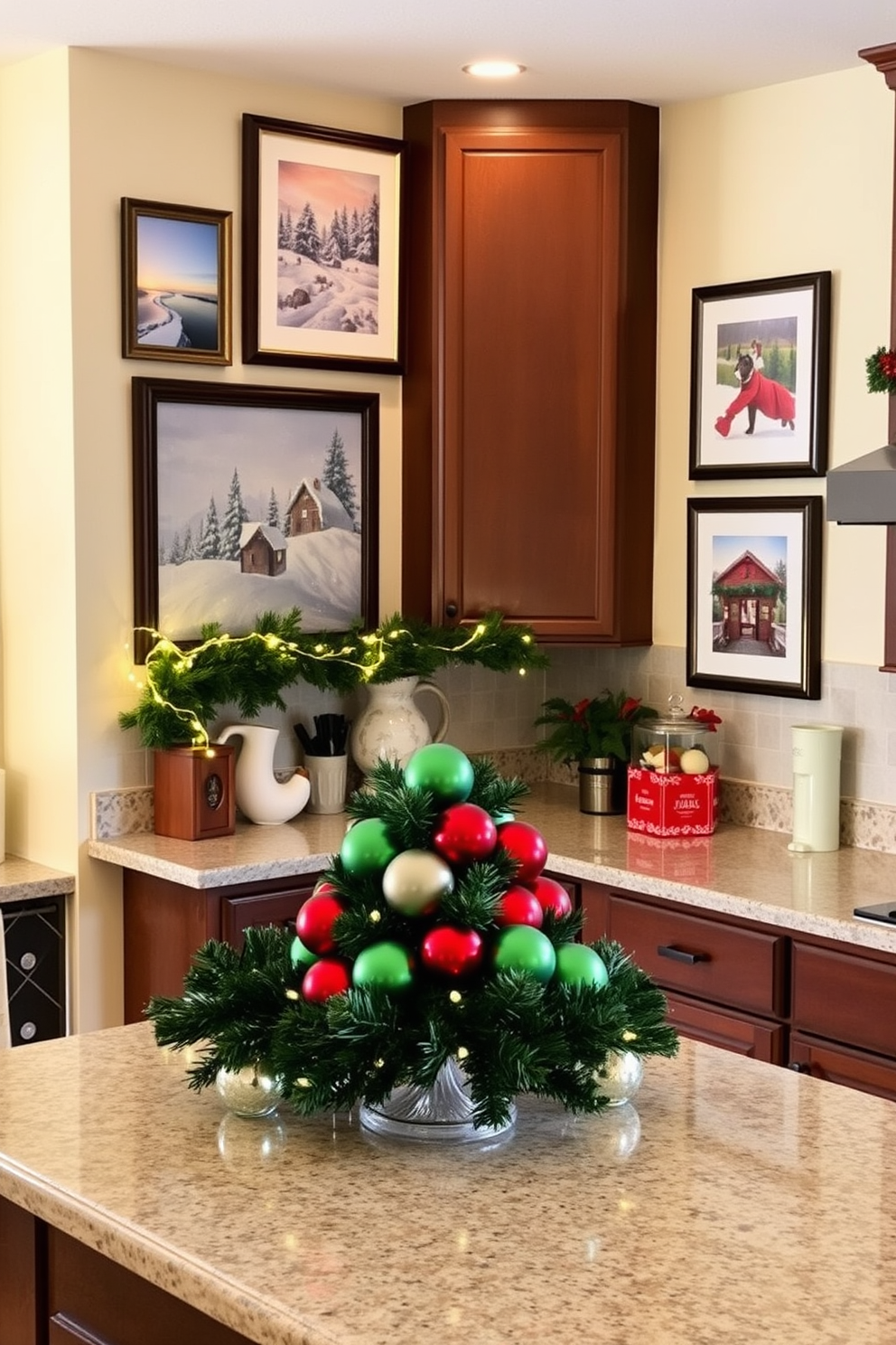 A cozy kitchen adorned with holiday-themed wall art. The walls feature framed prints of festive scenes, including snow-covered landscapes and cheerful holiday motifs. The countertops are decorated with seasonal accents, including a garland of pine and twinkling fairy lights. A beautifully arranged centerpiece of red and green ornaments sits on the kitchen island, adding to the Christmas spirit.