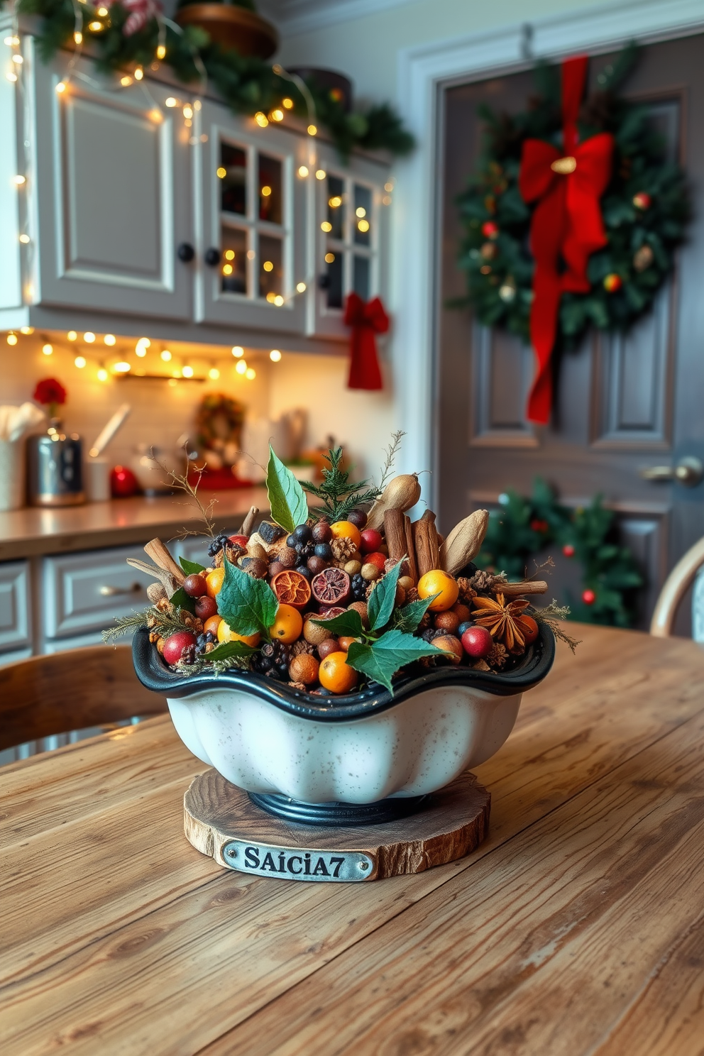 A beautifully arranged decorative bowl filled with seasonal potpourri sits on a rustic wooden kitchen table. The vibrant colors of dried fruits and spices create a warm and inviting atmosphere perfect for the holiday season. The kitchen is adorned with festive Christmas decorations, including twinkling fairy lights strung along the cabinets. A wreath made of evergreen branches hangs on the door, while cheerful red and gold accents bring a touch of holiday spirit to the space.