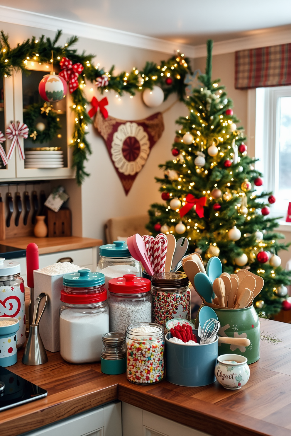 A cozy kitchen scene filled with baking essentials displayed in festive containers. Colorful jars of flour, sugar, and sprinkles are arranged on a wooden countertop, surrounded by holiday-themed baking tools. The kitchen is adorned with cheerful Christmas decorations, including garlands of pine and twinkling fairy lights. A beautifully decorated Christmas tree stands in the corner, adding warmth and joy to the festive atmosphere.