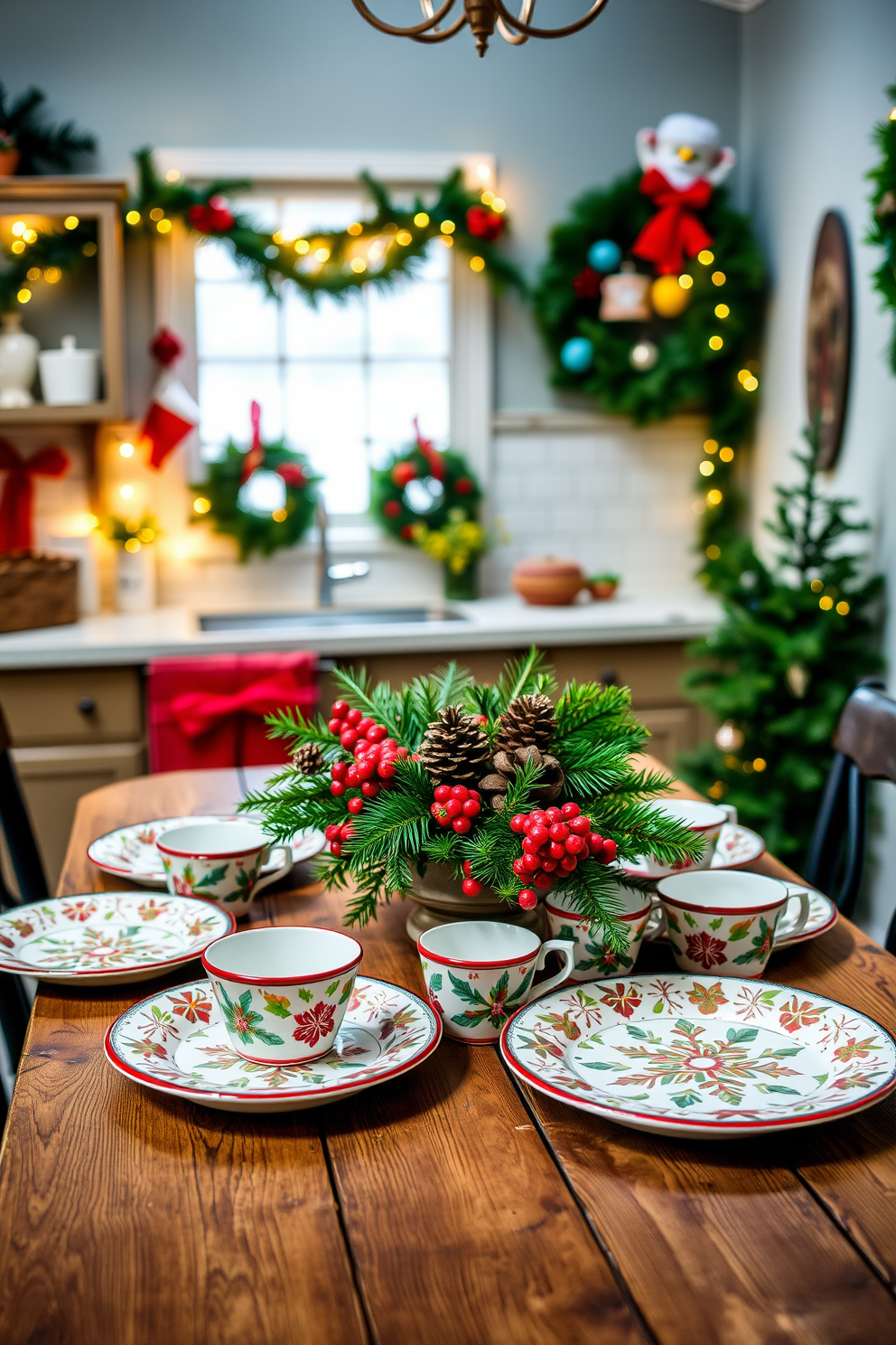 A vibrant holiday-themed dishware set is displayed on a rustic wooden dining table. The plates feature intricate patterns of snowflakes and holly, while matching cups and bowls complement the festive design. The kitchen is adorned with cheerful Christmas decorations, including garlands of greenery and twinkling fairy lights. A centerpiece of pinecones and red berries adds a warm touch to the holiday atmosphere.