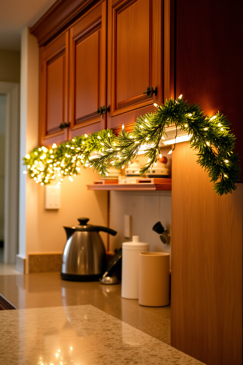 A cozy kitchen adorned with festive Christmas lights draped elegantly over the cabinets. The warm glow of the lights complements the rich wooden cabinetry and adds a cheerful ambiance to the space.