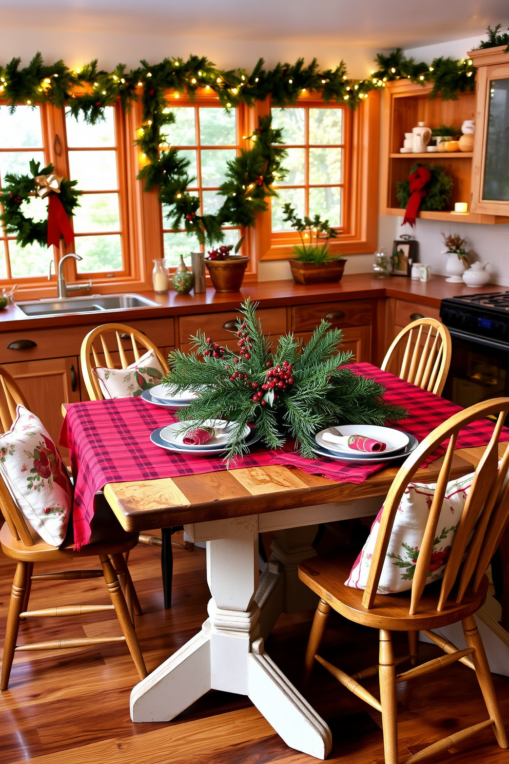 A cozy kitchen setting featuring a red plaid tablecloth draped over a rustic wooden kitchen table. Surrounding the table are mismatched chairs adorned with festive cushions, creating a warm and inviting atmosphere. The kitchen is decorated with garlands of pine and twinkling fairy lights strung across the windows. A centerpiece of fresh pine branches and red berries sits on the table, complemented by holiday-themed dishware.