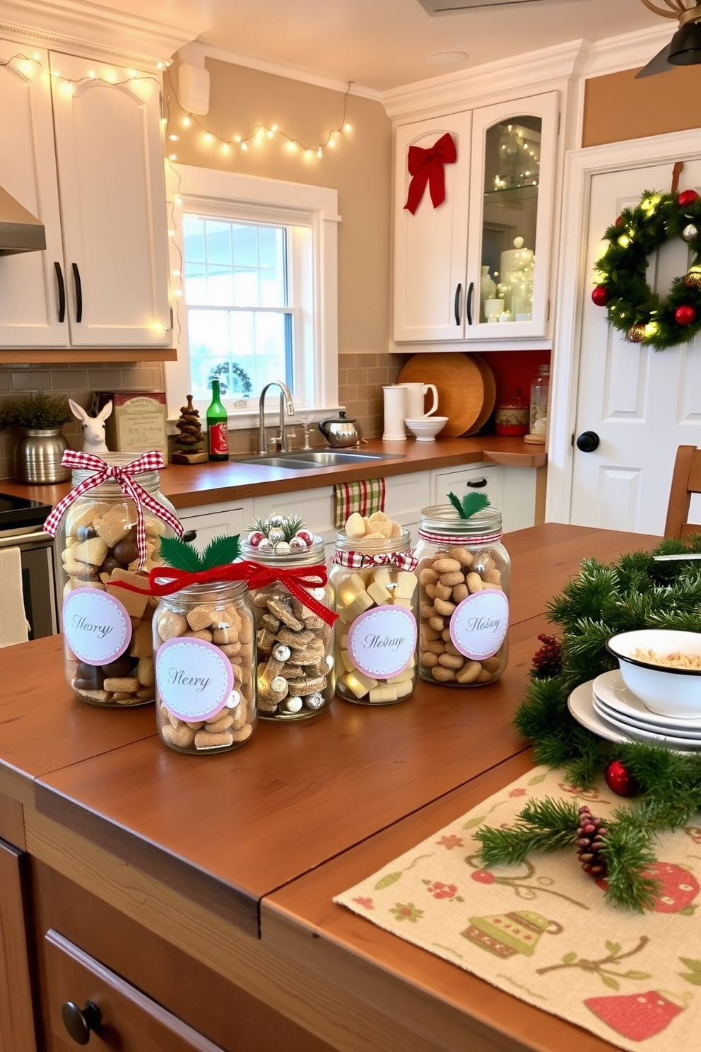 A cozy kitchen adorned for Christmas features decorative bowls filled with fresh pine branches. The warm wooden cabinets are complemented by festive red and green accents, creating a cheerful and inviting atmosphere.