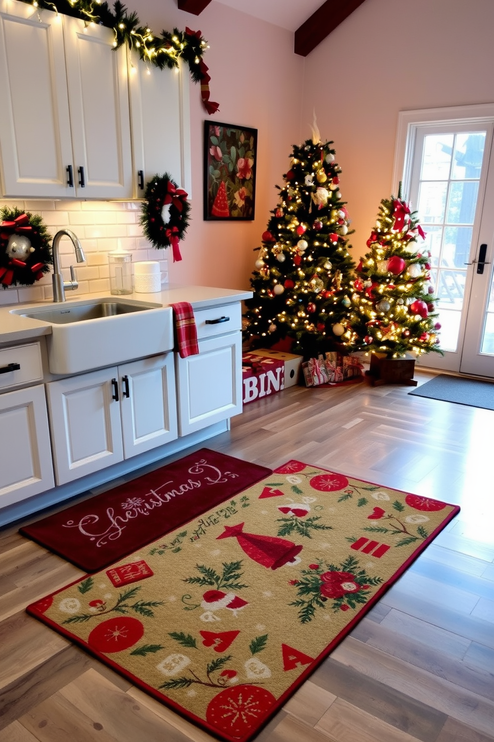 A seasonal kitchen rug is displayed prominently in front of the sink. The rug features a festive design with vibrant colors and holiday-themed patterns, adding warmth and cheer to the space. The kitchen is adorned with Christmas decorations that enhance the festive atmosphere. Twinkling lights are strung along the cabinets, and a beautifully decorated tree stands in the corner, completing the holiday look.