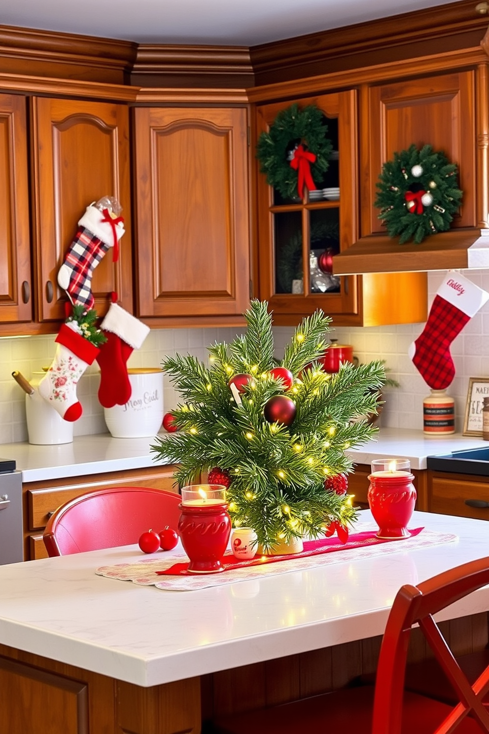 A cozy kitchen adorned for Christmas with stockings hanging from the wooden cabinets. The stockings are filled with festive treats and colorful ornaments, creating a warm and inviting holiday atmosphere. The countertops are decorated with a centerpiece of pine branches and twinkling fairy lights. Bright red and green accents complement the kitchen's rustic charm, enhancing the festive spirit of the space.