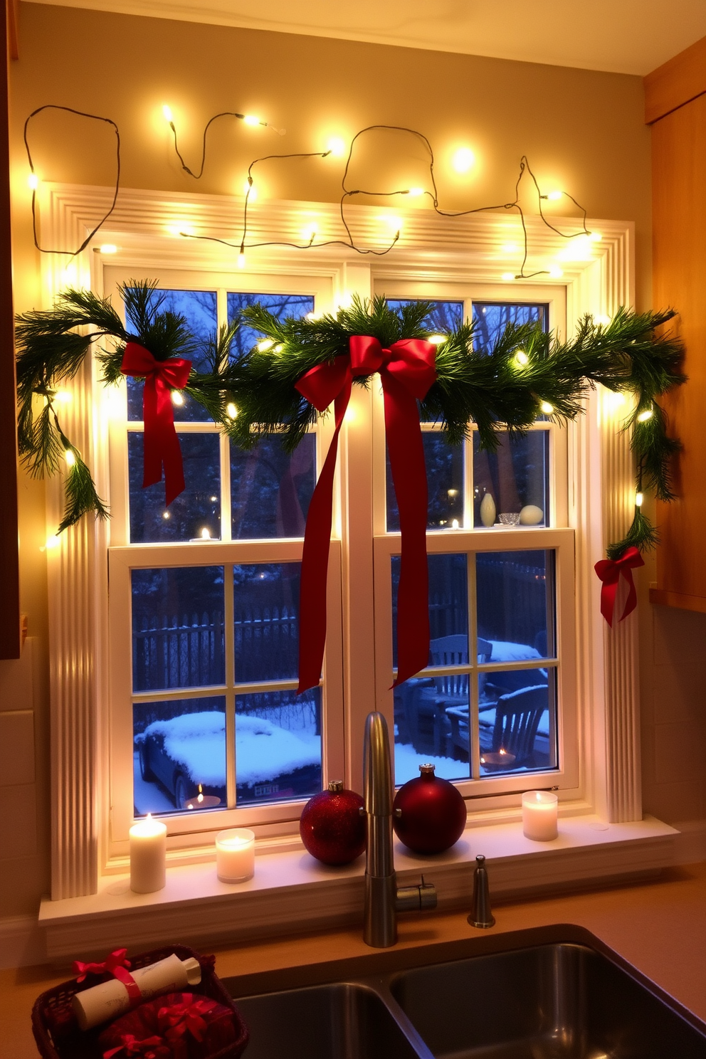 A cozy kitchen adorned with string lights gracefully draped above the cabinets. The warm glow of the lights enhances the festive atmosphere, creating a welcoming space for holiday gatherings. The kitchen is decorated with rustic Christmas ornaments and greenery, adding a touch of seasonal charm. A beautifully arranged centerpiece on the kitchen island features pinecones, candles, and fresh flowers, completing the festive look.