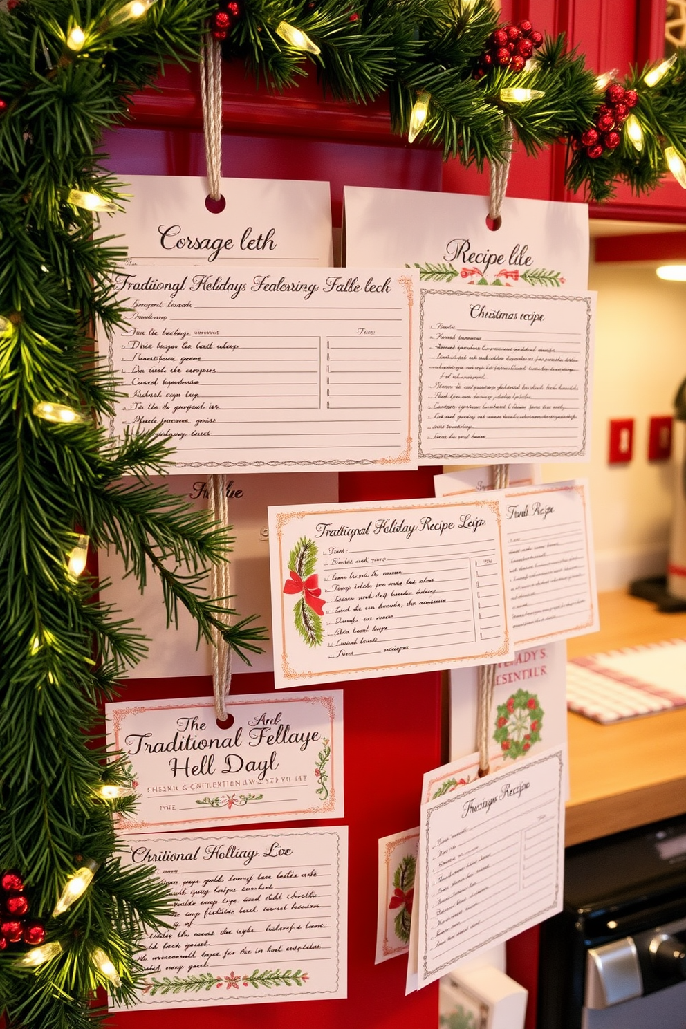 Christmas-themed recipe cards on display. Each card features festive designs with traditional holiday recipes written in elegant calligraphy. The kitchen is adorned with garlands of pine and twinkling fairy lights. A cheerful red and green color scheme enhances the warm, inviting atmosphere.