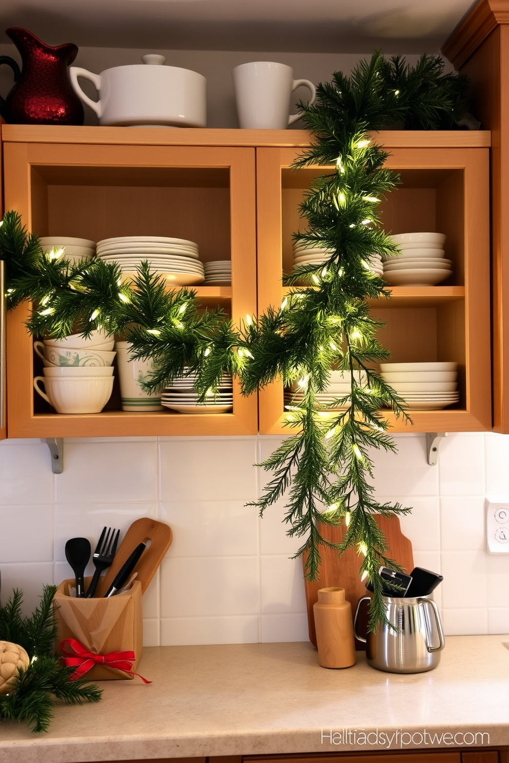 A festive kitchen setting adorned with a decorative garland draped elegantly across open shelves. The shelves are filled with various kitchenware, and twinkling fairy lights are intertwined within the garland to create a warm, inviting atmosphere.