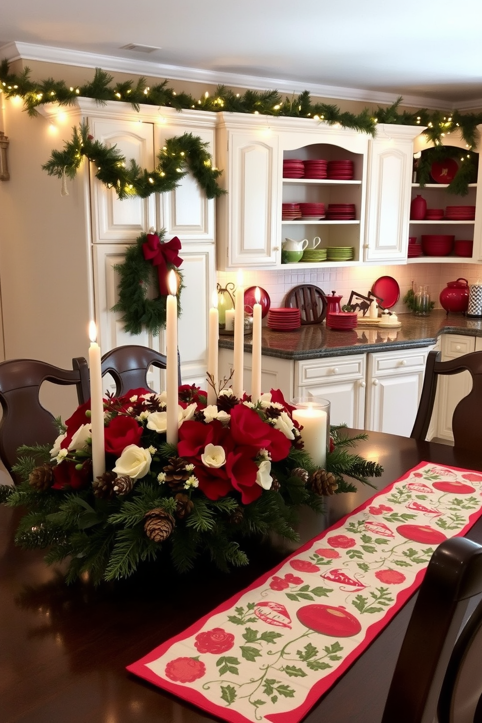 A vibrant seasonal fruit bowl is artfully arranged on a rustic wooden table, showcasing an array of colorful fruits such as apples, oranges, and pomegranates. Surrounding the bowl are delicate ornaments in festive colors, adding a touch of holiday cheer to the kitchen setting. The kitchen is adorned with twinkling fairy lights draped along the countertops, creating a warm and inviting atmosphere. A festive wreath hangs on the door, complementing the overall Christmas decorating theme with its rich greenery and red accents.