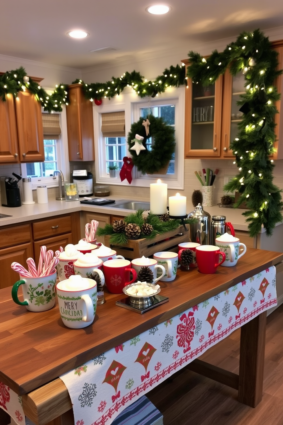 A cozy hot chocolate station is set up on a rustic wooden table adorned with a festive tablecloth. Colorful mugs with holiday designs are arranged alongside a variety of toppings including marshmallows, peppermint sticks, and whipped cream. The kitchen is beautifully decorated for Christmas, featuring a lush garland draped over the cabinets and twinkling fairy lights strung across the windows. A cheerful centerpiece of pinecones and candles adds warmth to the space, creating a welcoming atmosphere for holiday gatherings.