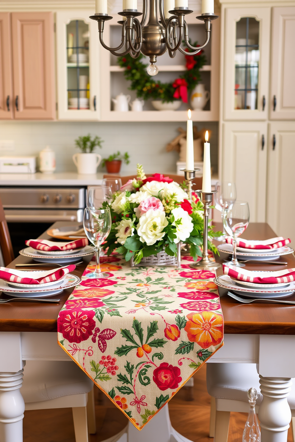 A festive kitchen setting adorned with a seasonal table runner featuring vibrant holiday patterns. The table is set with elegant dinnerware and sparkling glassware, complemented by a centerpiece of seasonal flowers and candles.