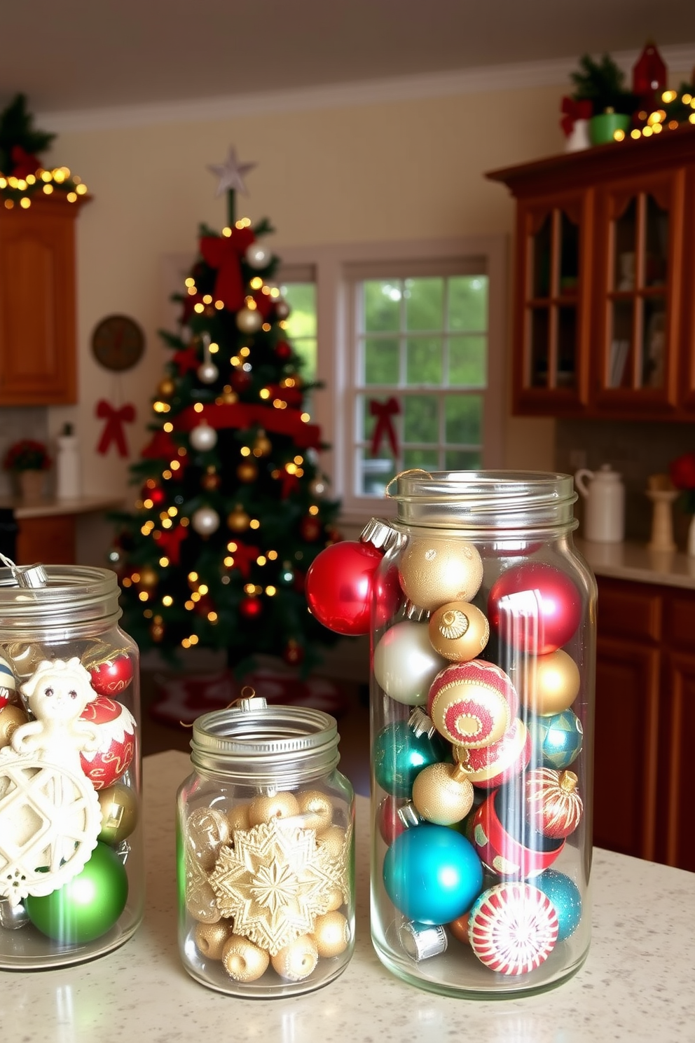 A cozy kitchen adorned for the holidays features jingle bells hanging from the cabinet knobs. The countertops are decorated with festive garlands and a bowl of fresh fruit, adding a cheerful touch to the space.