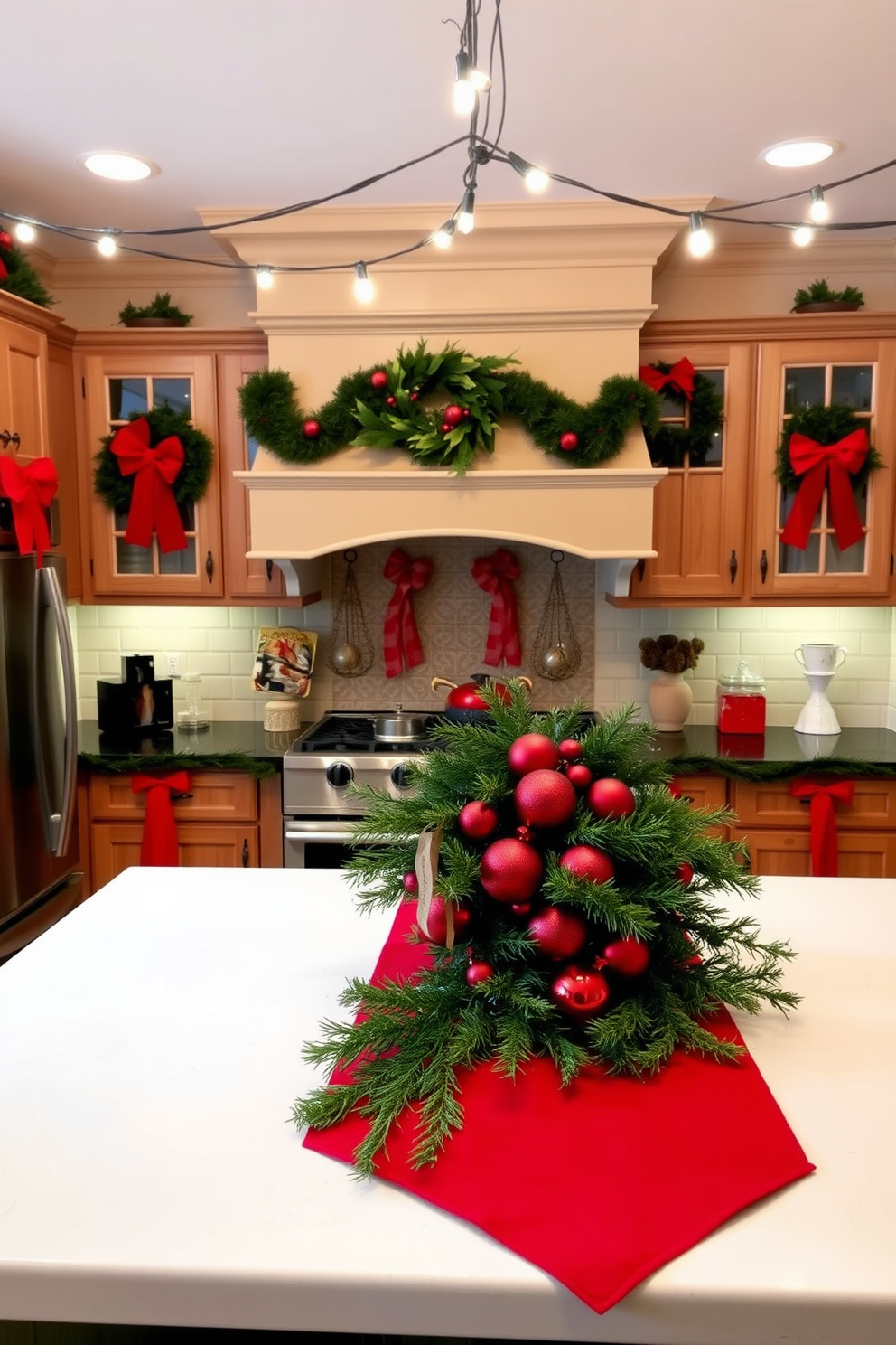 A festive kitchen adorned with red and green accents. The countertops are decorated with a vibrant red runner and a centerpiece of fresh greenery interspersed with red ornaments. The cabinets are adorned with red ribbons and wreaths, creating a cheerful holiday atmosphere. String lights hang above the island, casting a warm glow over the space filled with seasonal decorations.