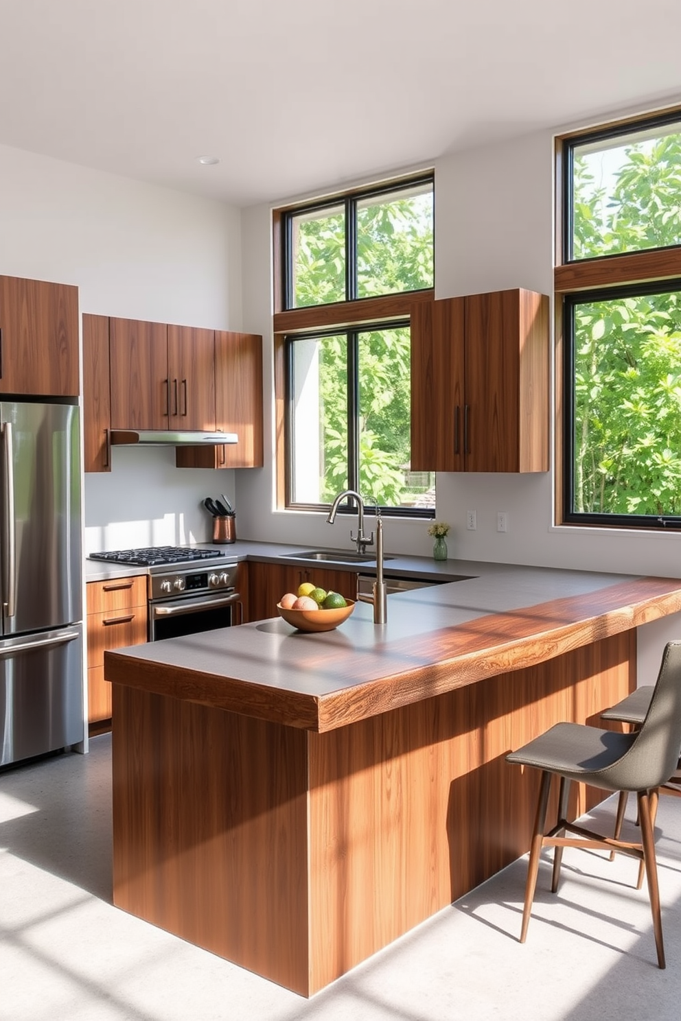 A kitchen countertop featuring a blend of materials such as concrete and reclaimed wood creates a striking focal point. The surface showcases a seamless integration of textures, with a polished concrete section paired with a rustic wooden edge. The countertop is complemented by sleek stainless steel appliances and minimalist cabinetry. Natural light floods the space through large windows, enhancing the warmth of the wood and the coolness of the concrete.