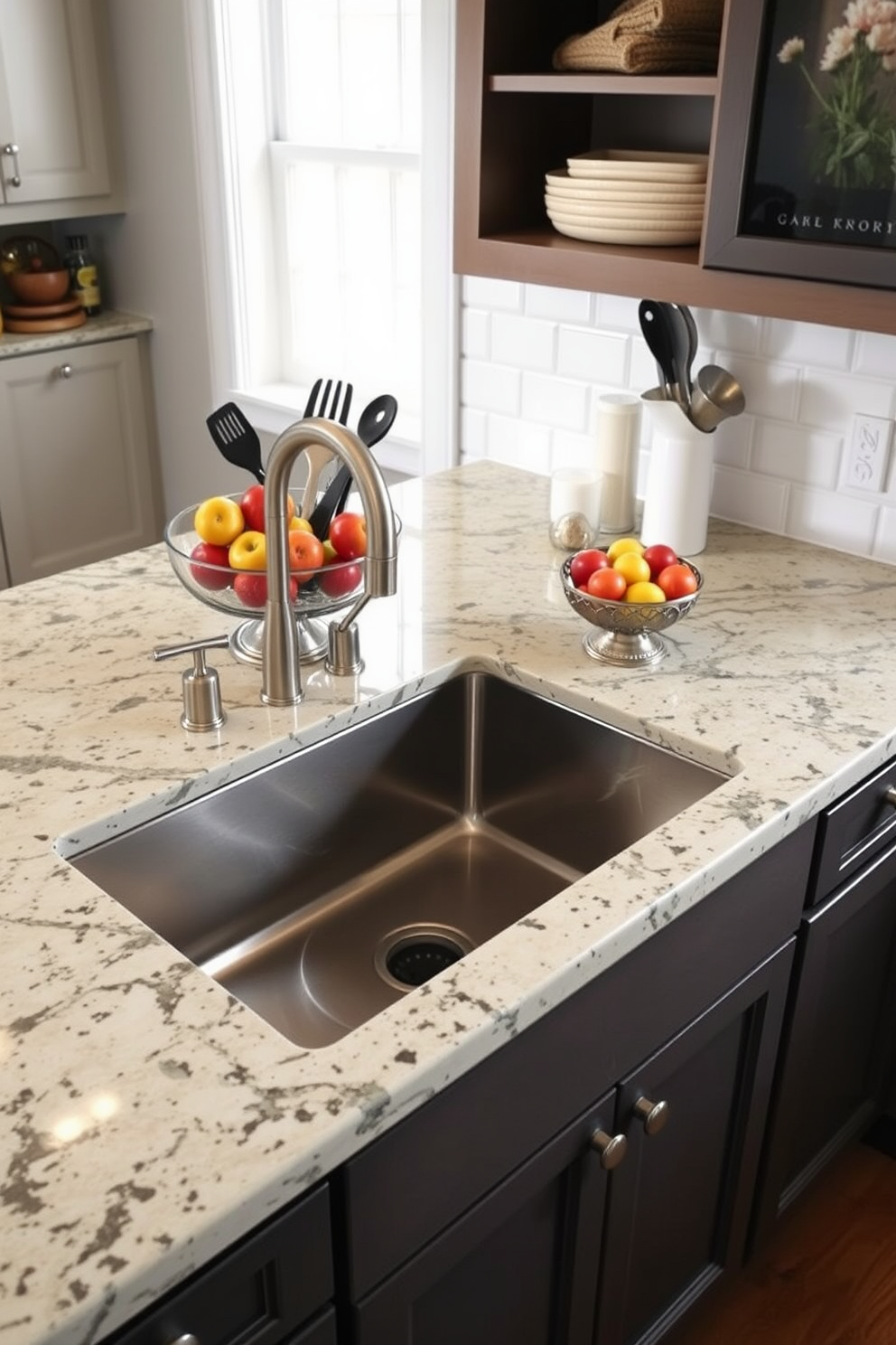 A charming kitchen featuring a farmhouse sink seamlessly integrated into a polished granite countertop. The countertop is adorned with a stylish fruit bowl and a set of elegant kitchen utensils, creating a warm and inviting atmosphere.