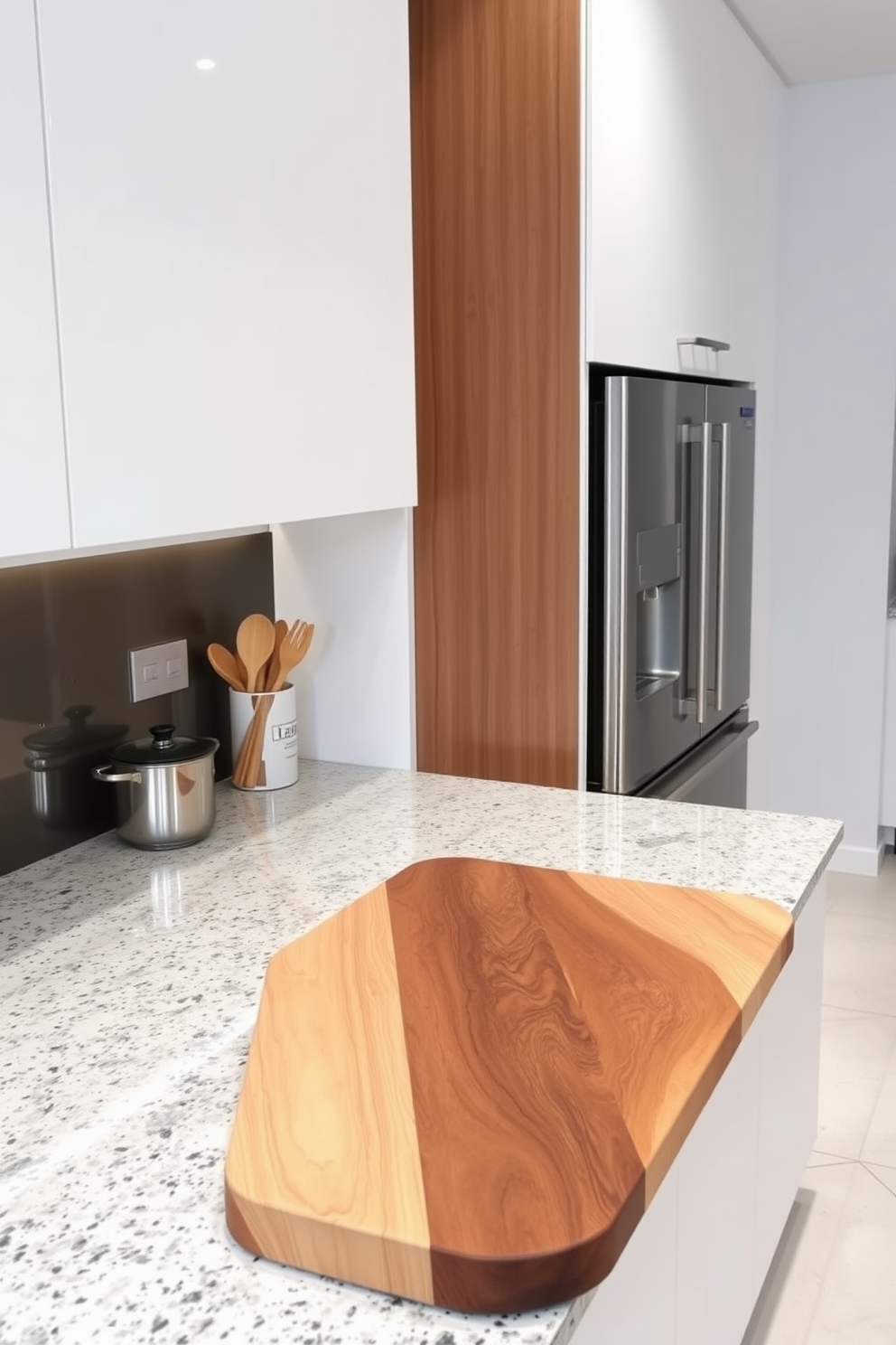 A sleek kitchen design featuring a cutting board seamlessly integrated into the countertop space. The countertops are made of polished granite with subtle veining, complemented by modern cabinetry in a soft white finish.