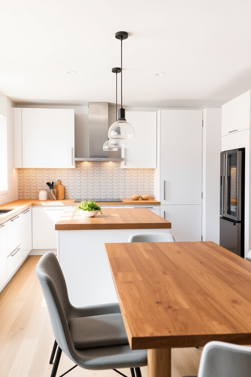 A modern kitchen featuring an eco-friendly bamboo countertop that seamlessly blends with sleek white cabinetry. The space is illuminated by pendant lights hanging above the island, creating a warm and inviting atmosphere. The backsplash is adorned with textured tiles that add depth and interest to the design. A rustic wooden dining table sits adjacent to the kitchen, surrounded by stylish chairs that complement the overall aesthetic.