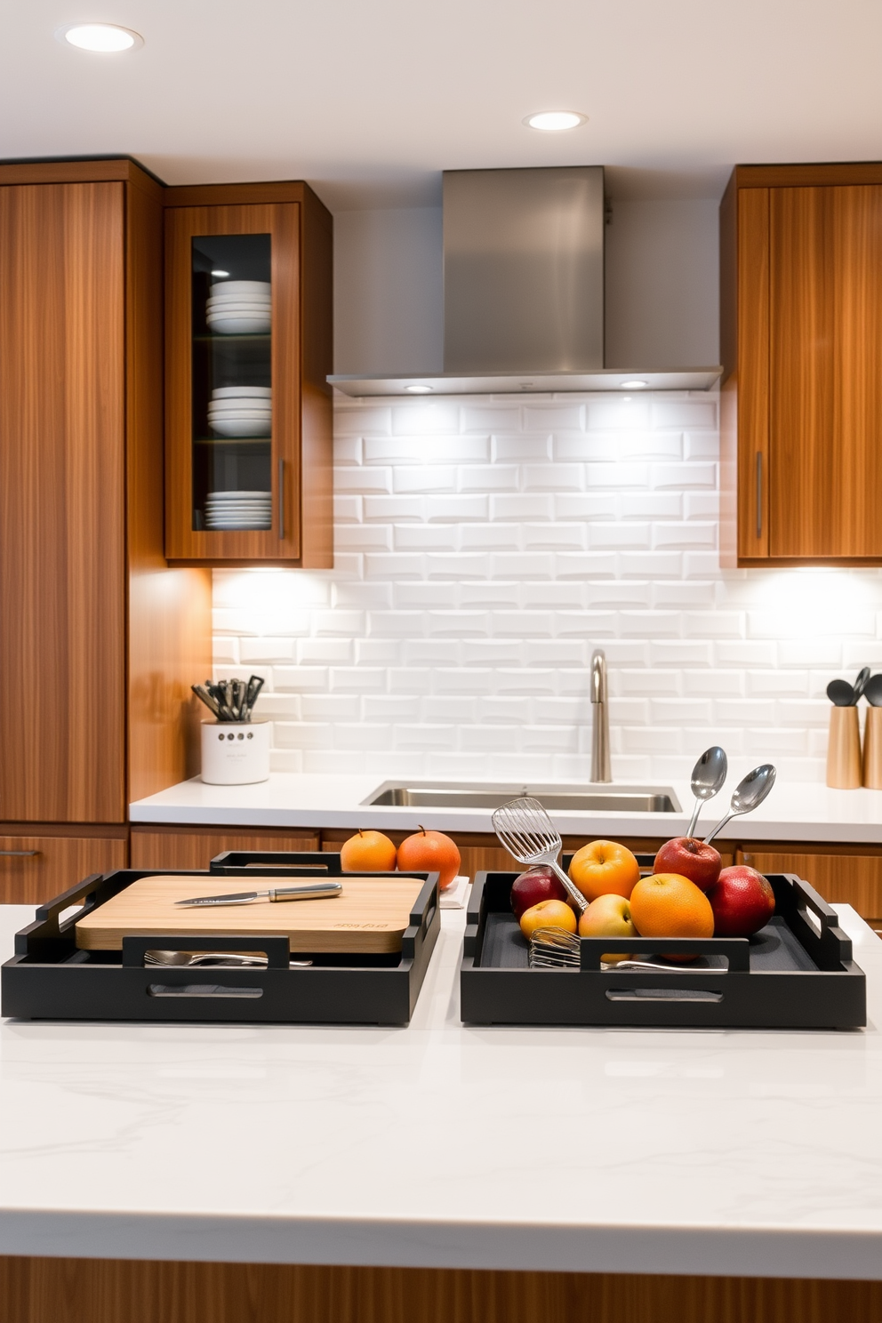 A modern kitchen countertop featuring elegant trays for organized display. The countertop is adorned with a sleek cutting board, vibrant fruits, and stylish utensils arranged neatly on the trays. The backsplash is a glossy white subway tile that complements the warm wooden cabinets. Under-cabinet lighting highlights the countertop, creating a welcoming ambiance in the kitchen.