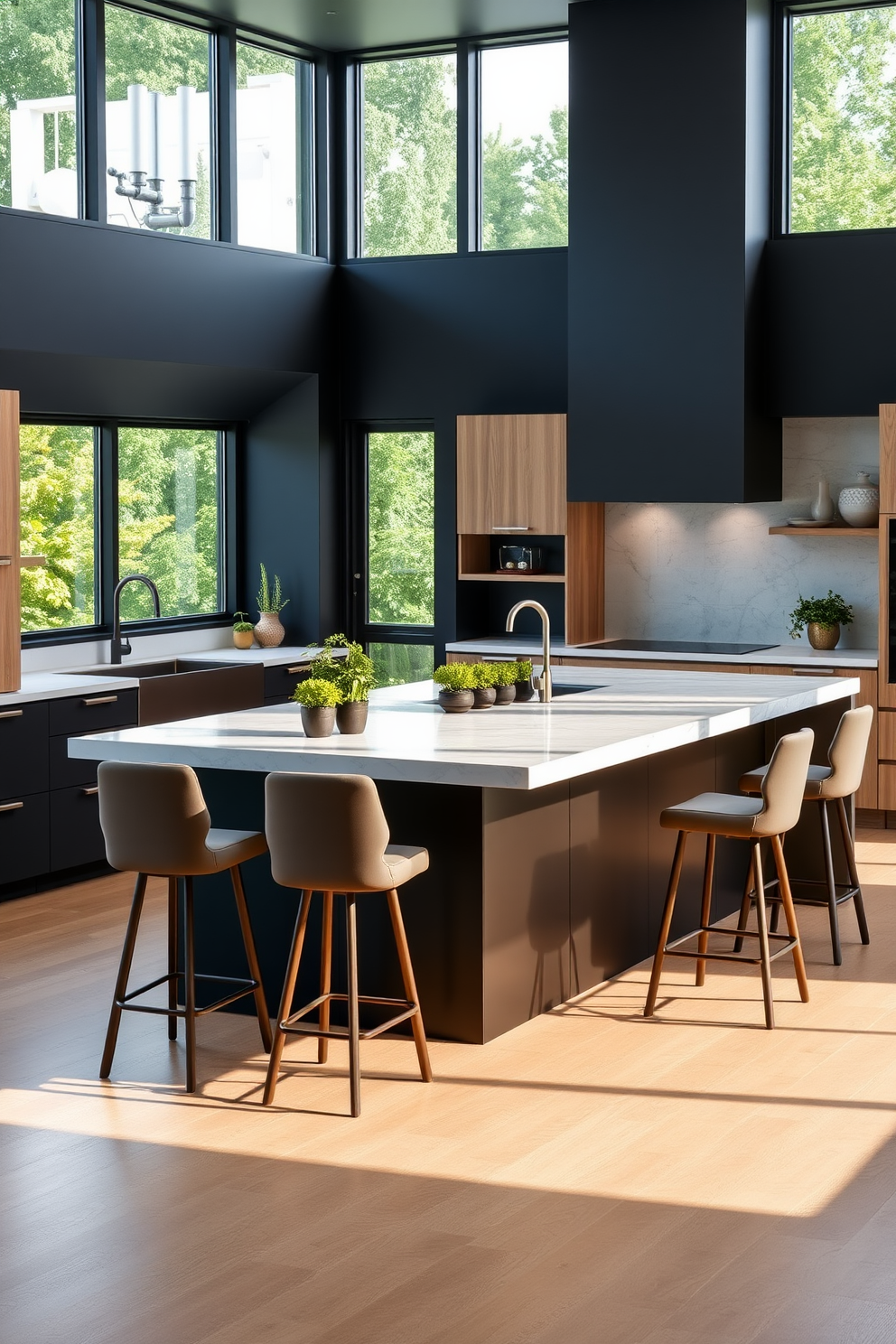 A modern kitchen with a large island featuring a sleek quartz countertop. Surrounding the island are high-backed stools with soft cushions, and potted herbs are placed on the countertop for a fresh greenery touch. The cabinetry is a mix of matte black and natural wood finishes, creating a striking contrast. Large windows allow natural light to flood the space, highlighting the vibrant green of the plants and the elegant design of the kitchen.