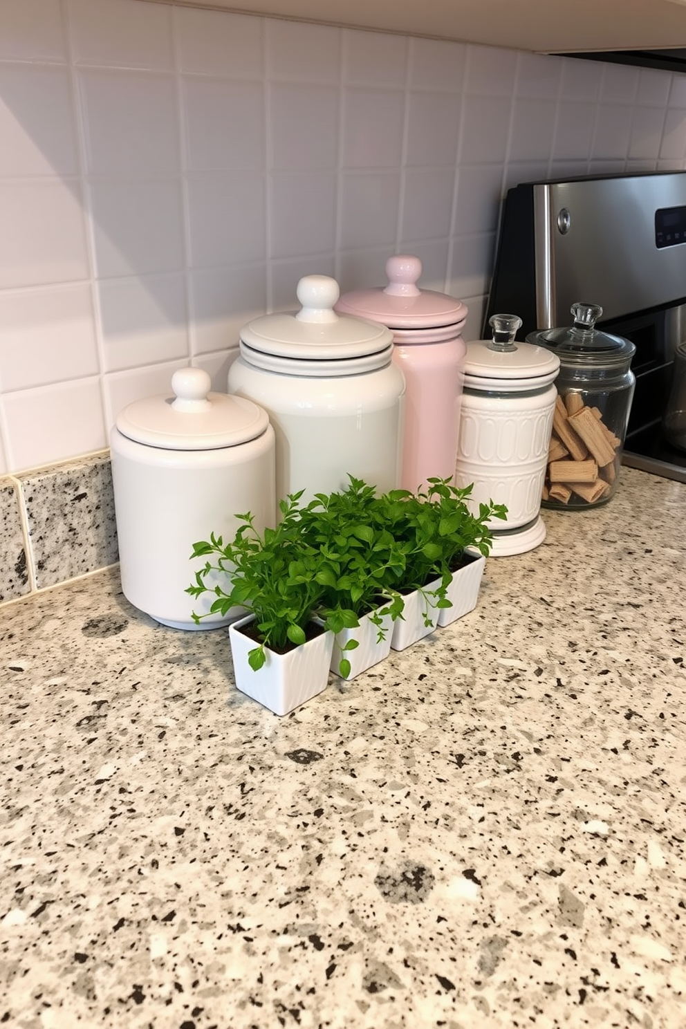 Decorative canisters arranged neatly on a kitchen countertop add both style and functionality. The canisters feature a mix of ceramic and glass materials in soft pastel colors, creating a cohesive and inviting atmosphere. The countertop is made of polished granite with flecks of gray and white, providing a sleek backdrop for the decorative canisters. Fresh herbs in small pots are placed beside the canisters, enhancing the kitchen's vibrant and homey feel.